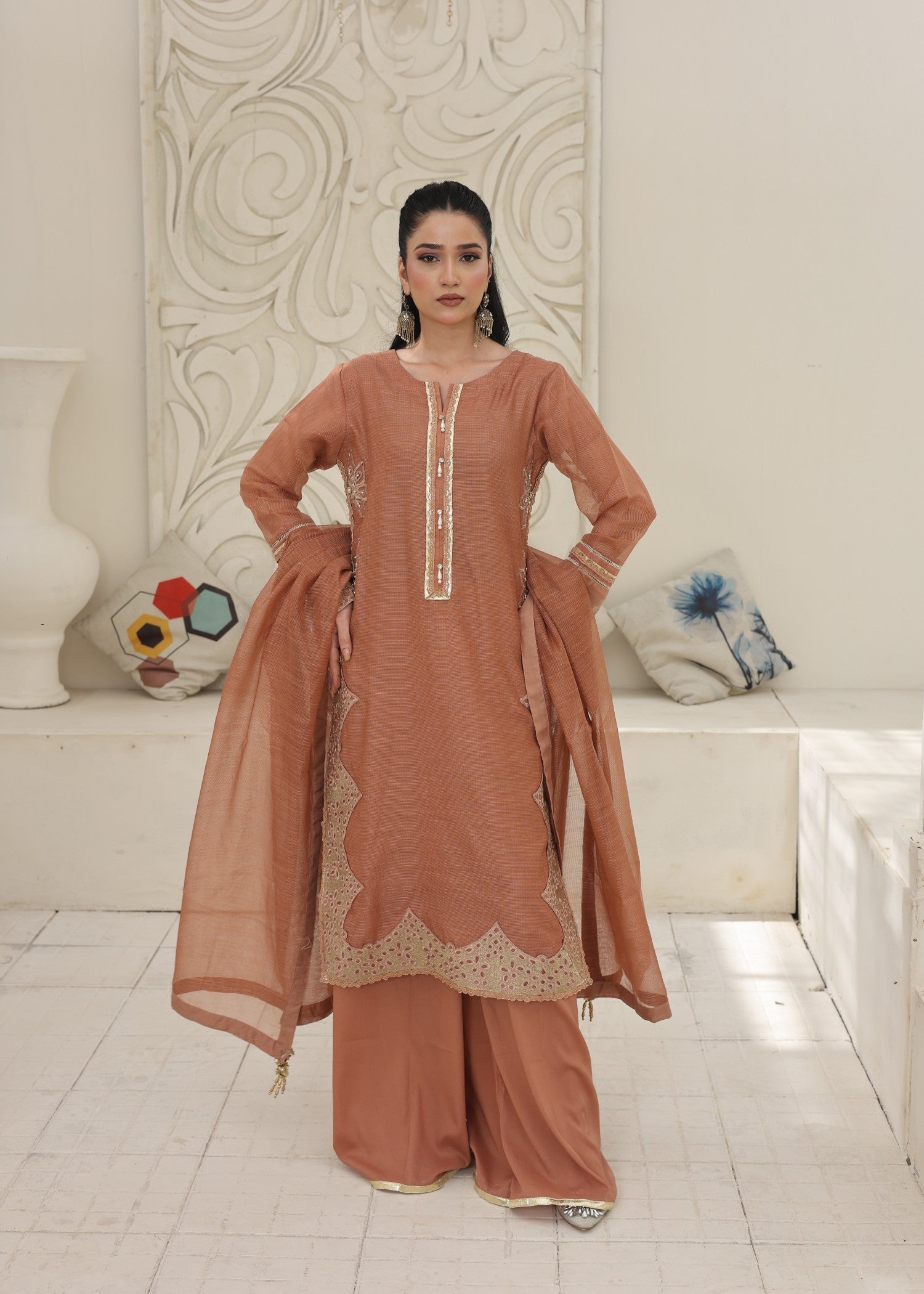 khaddi net Kurta Set in Desert orange