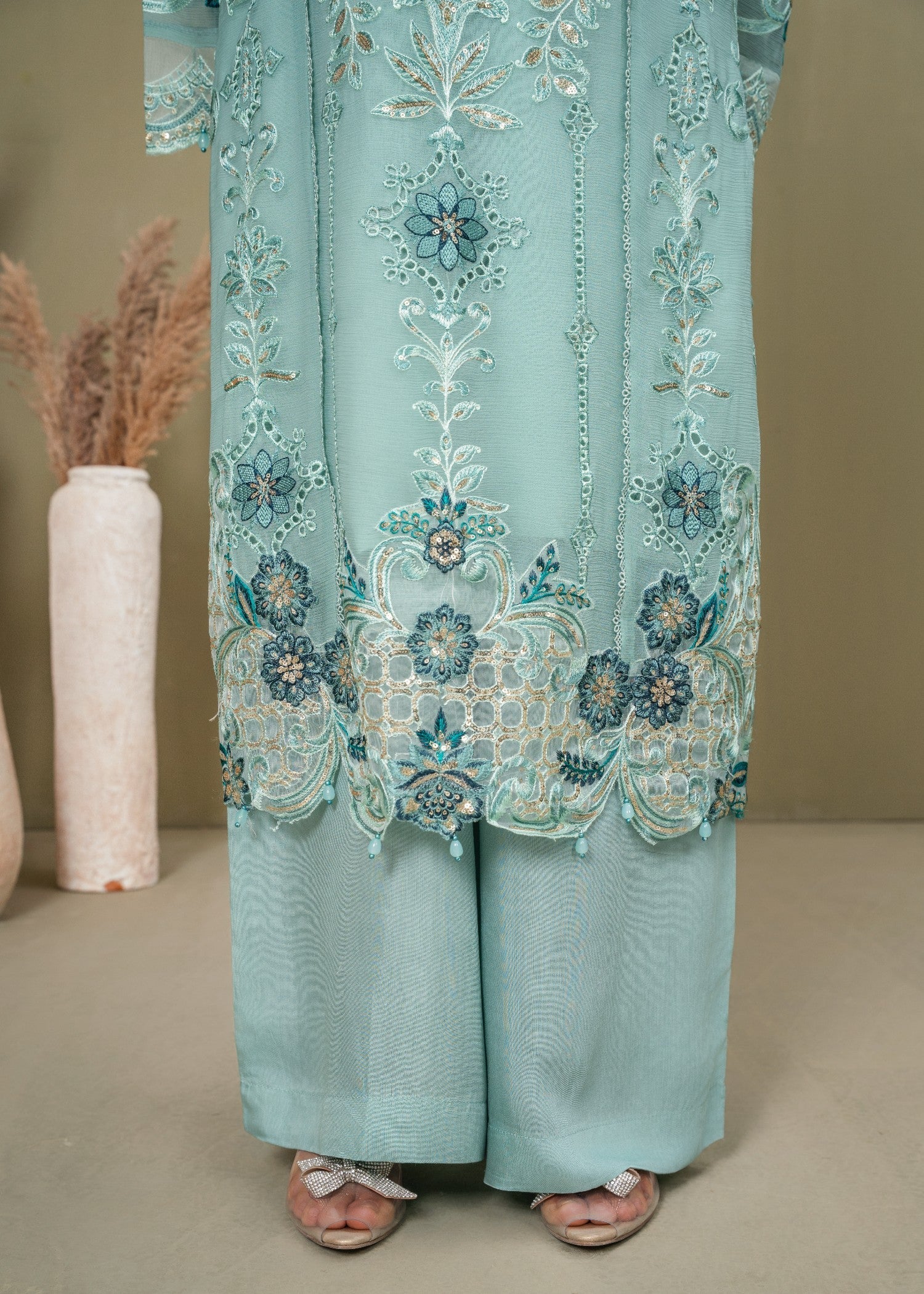 crinkle chiffon Kurta Set in Aquamarine