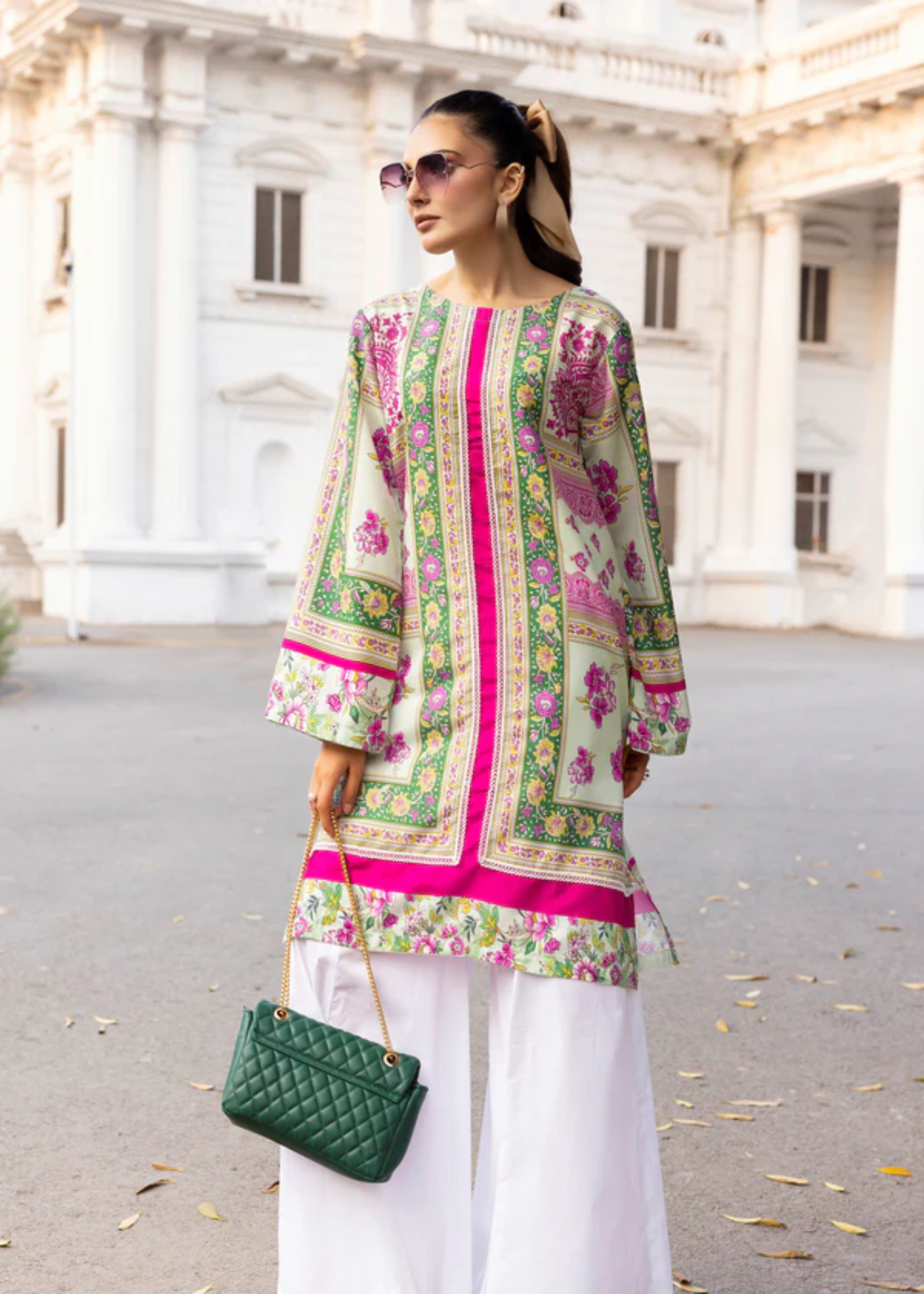 lawn Kurti in Forest green, white, lollipop pink