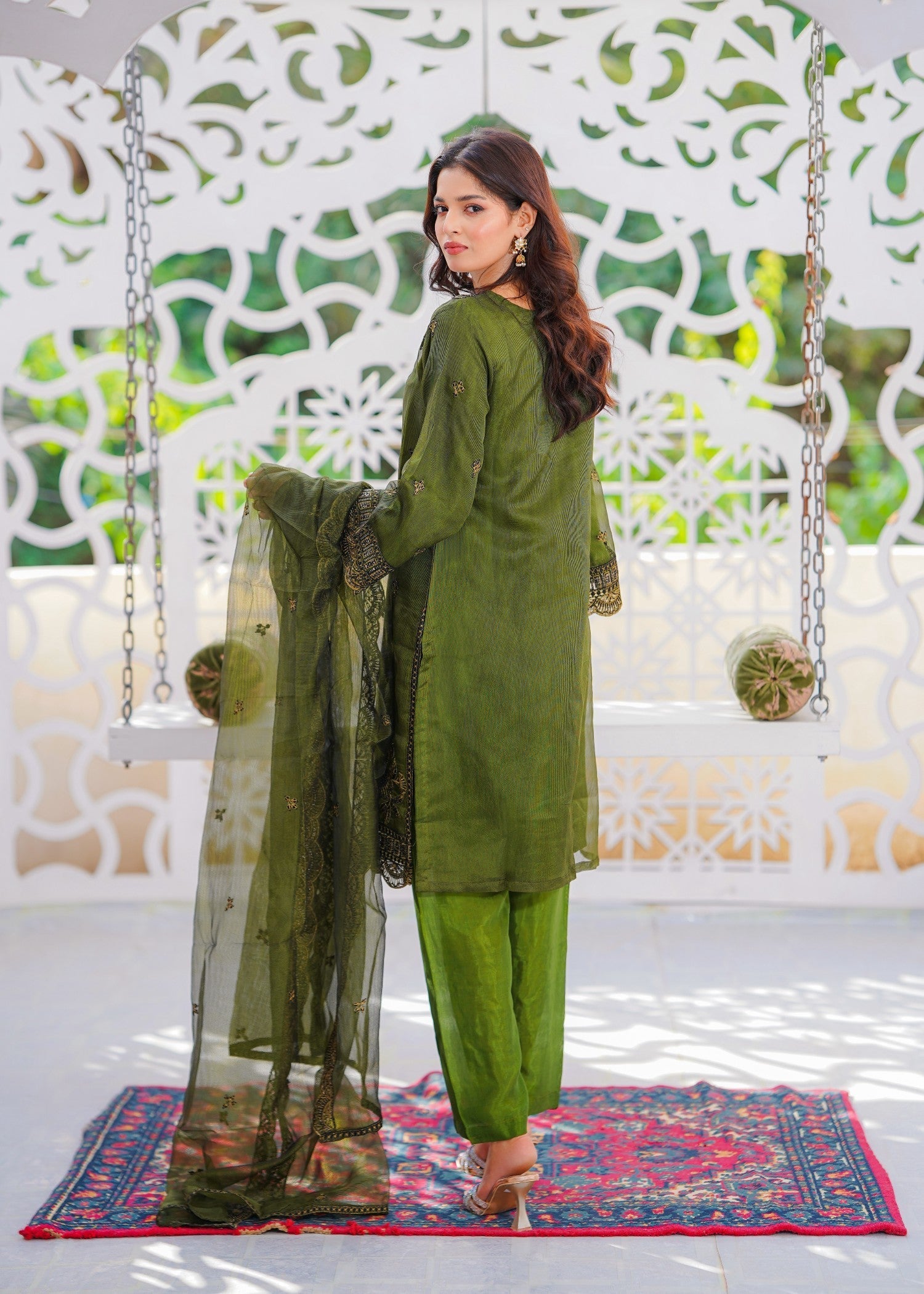 khaddi net Kurta Set in Olive green