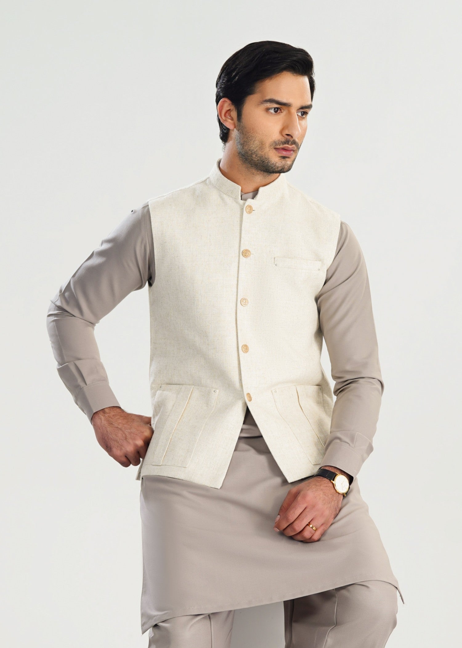 handwoven khaddar Waistcoat in Off-white