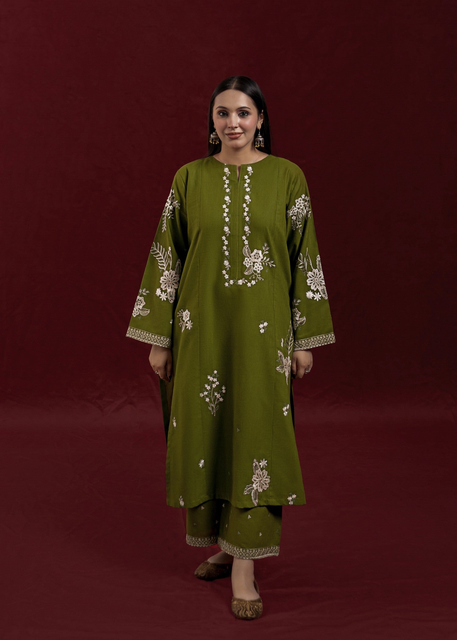 slub khaddar Kurta Set in Olive green