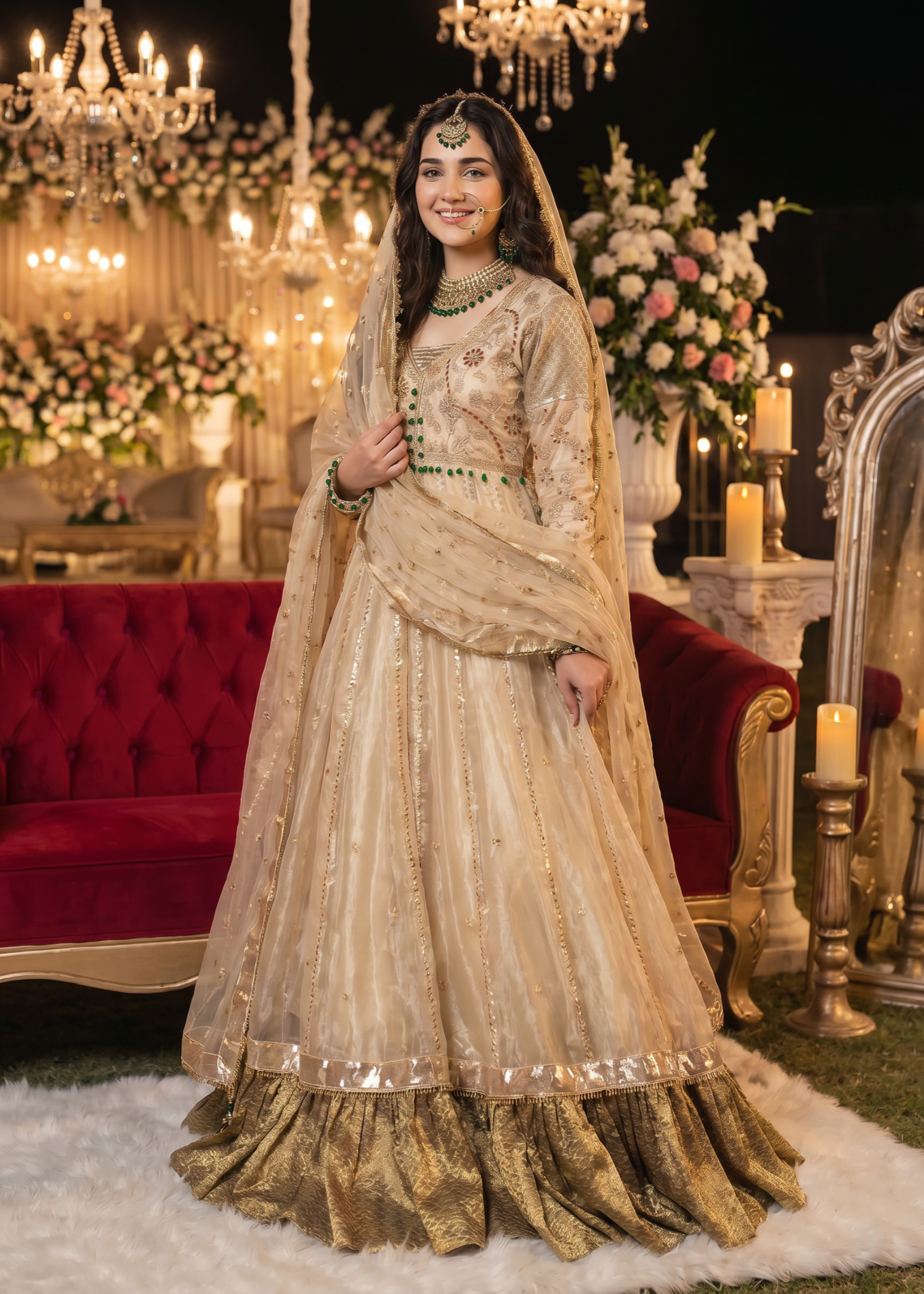 organza Pishwas in Gold, army green