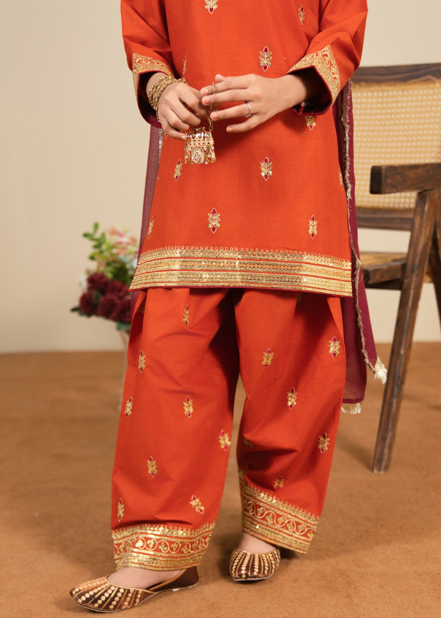 cotton Kurta Set in Rust orange