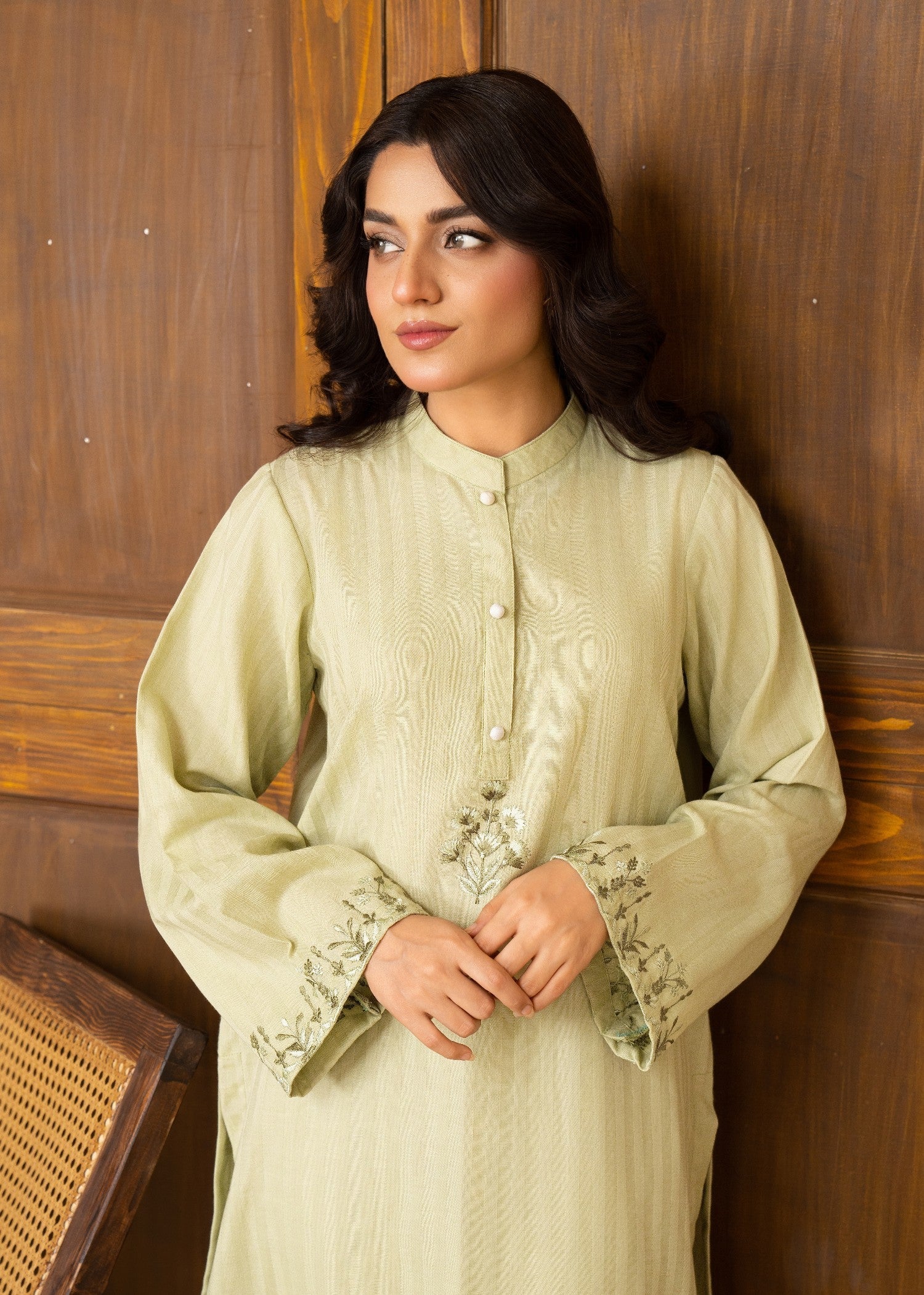self jacquard Kurta Set in Pistachio green