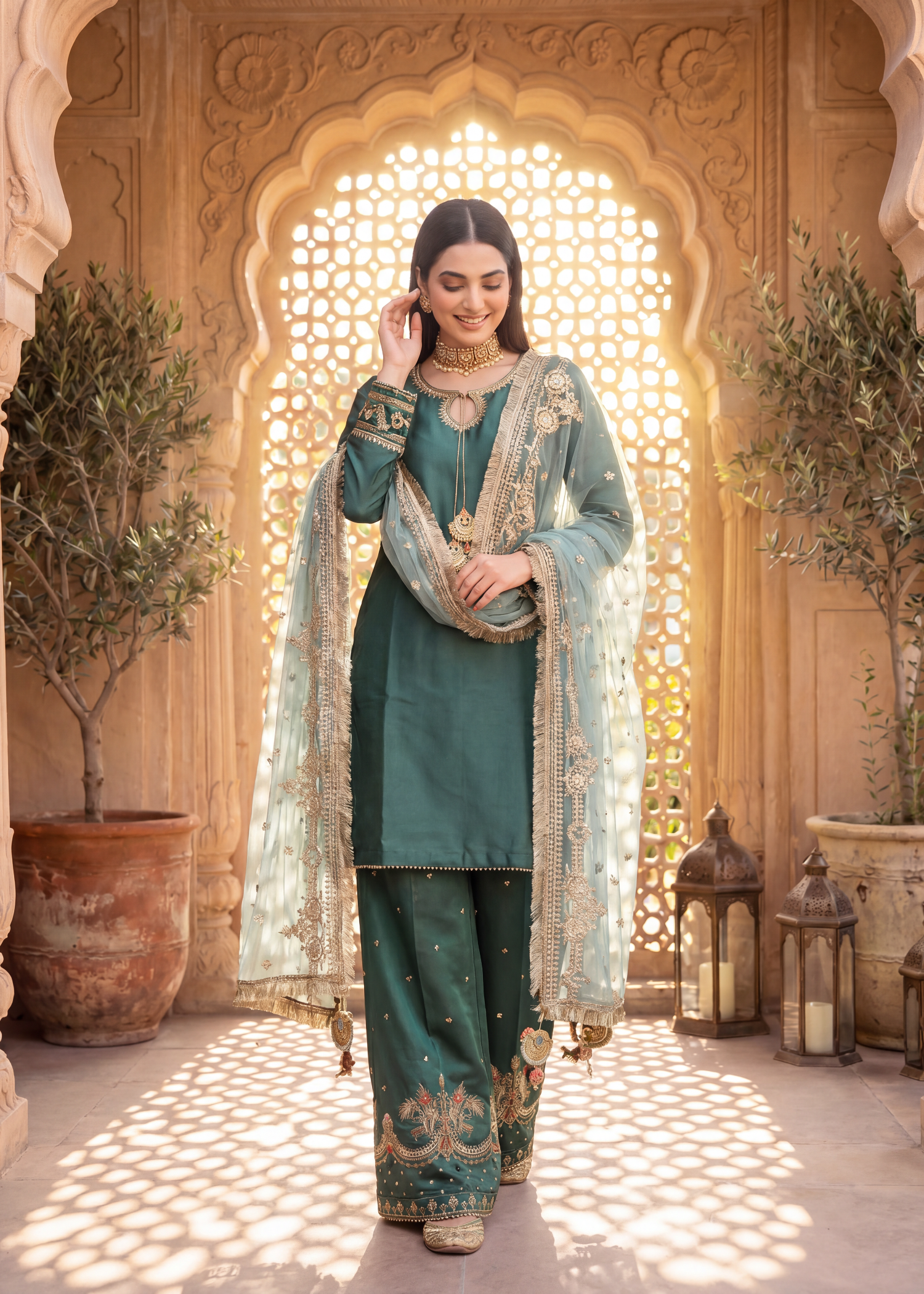tissue silk Kurta Set in Bottle green