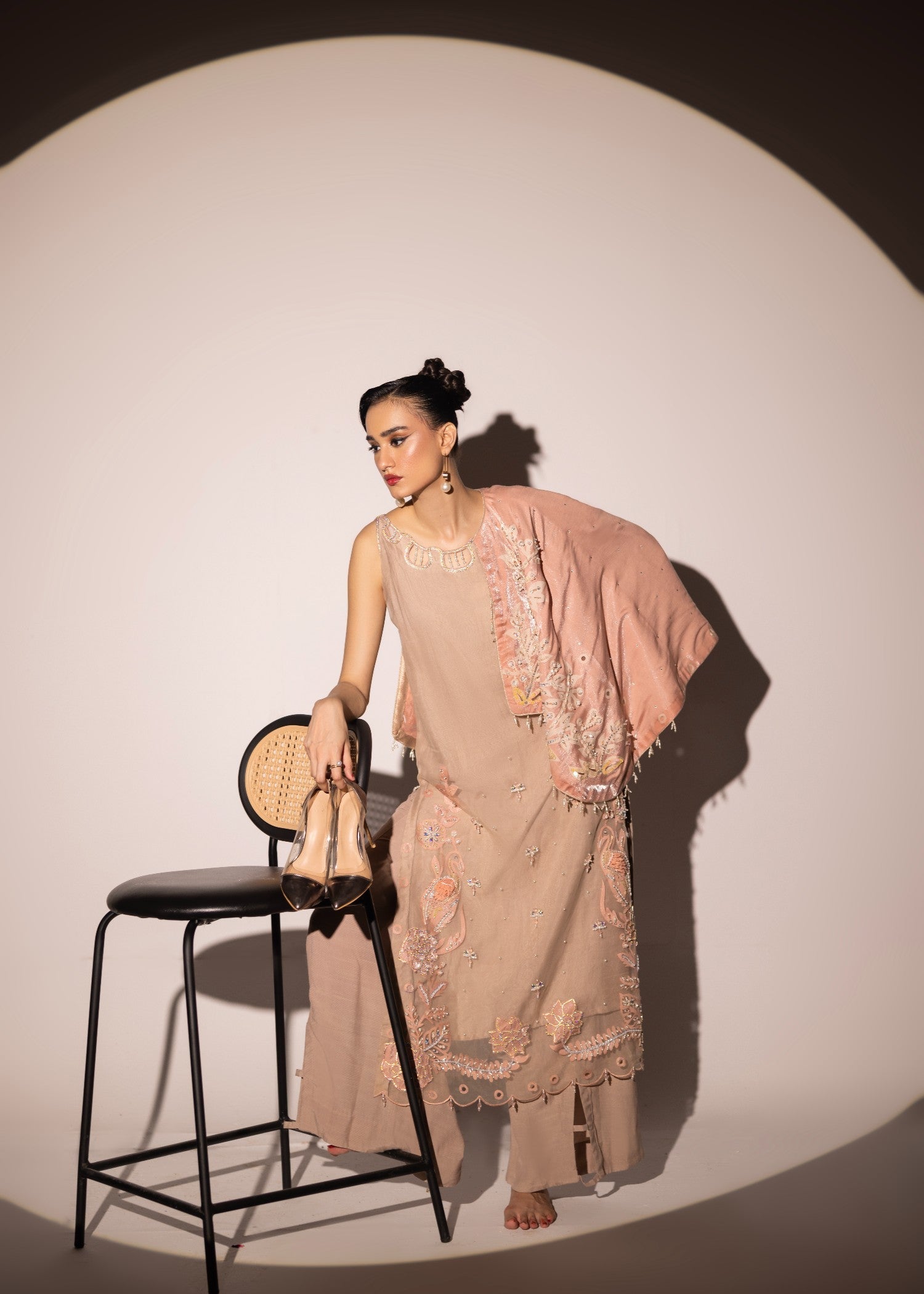 poly organza Kurta Set in Peach pink, almond brown