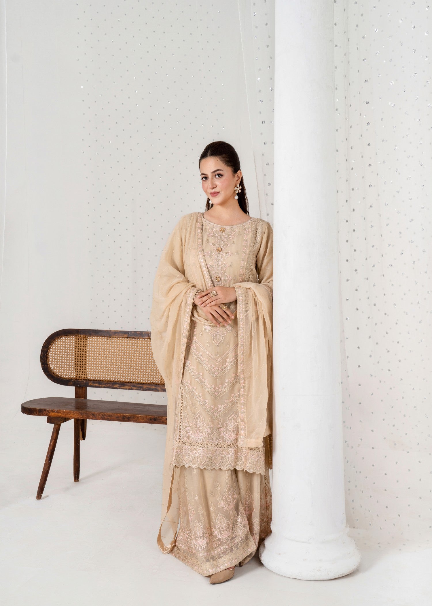 pk crinkle chiffon Kurta Set in Champagne