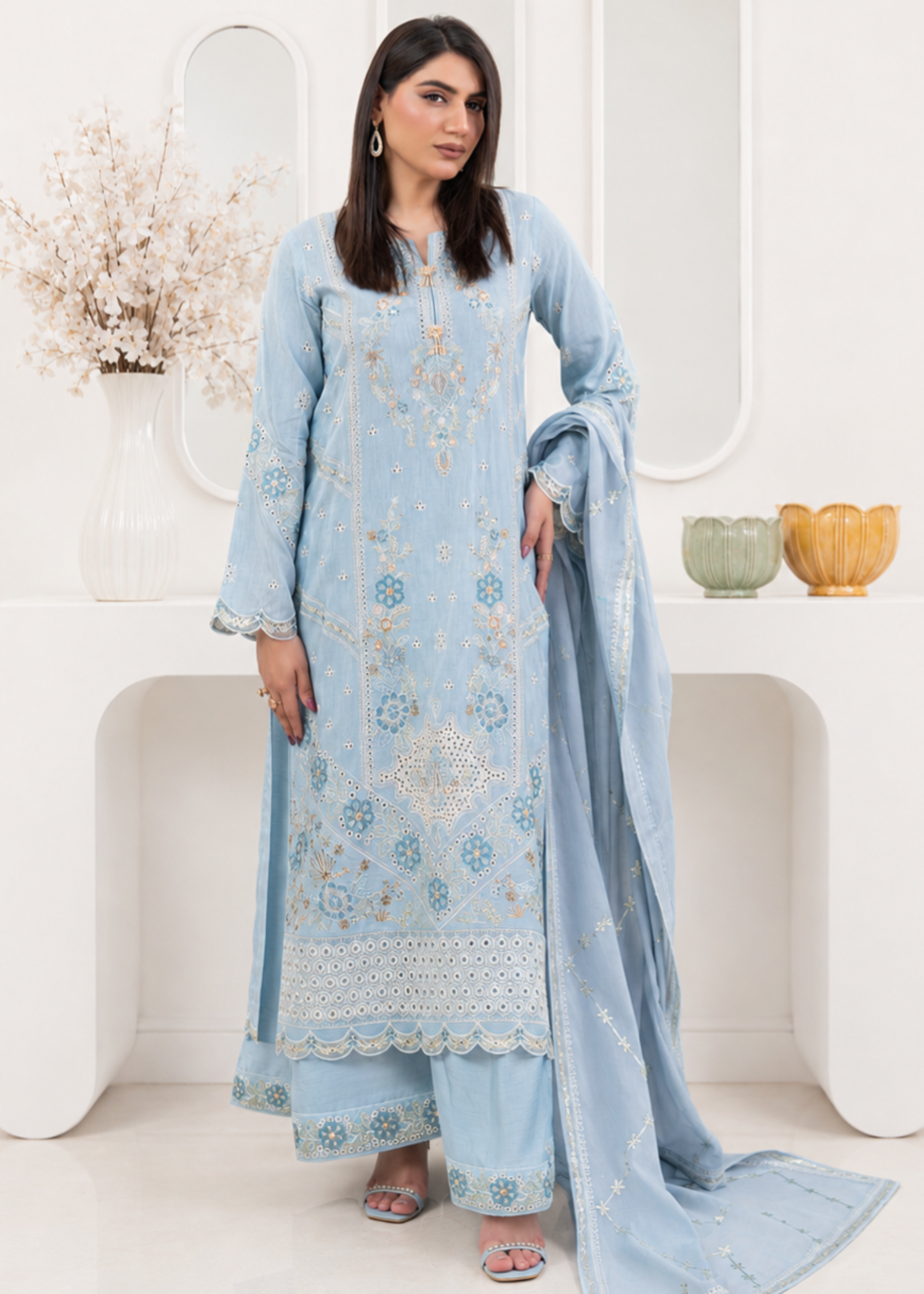 korean raw silk Sharara in Powder blue
