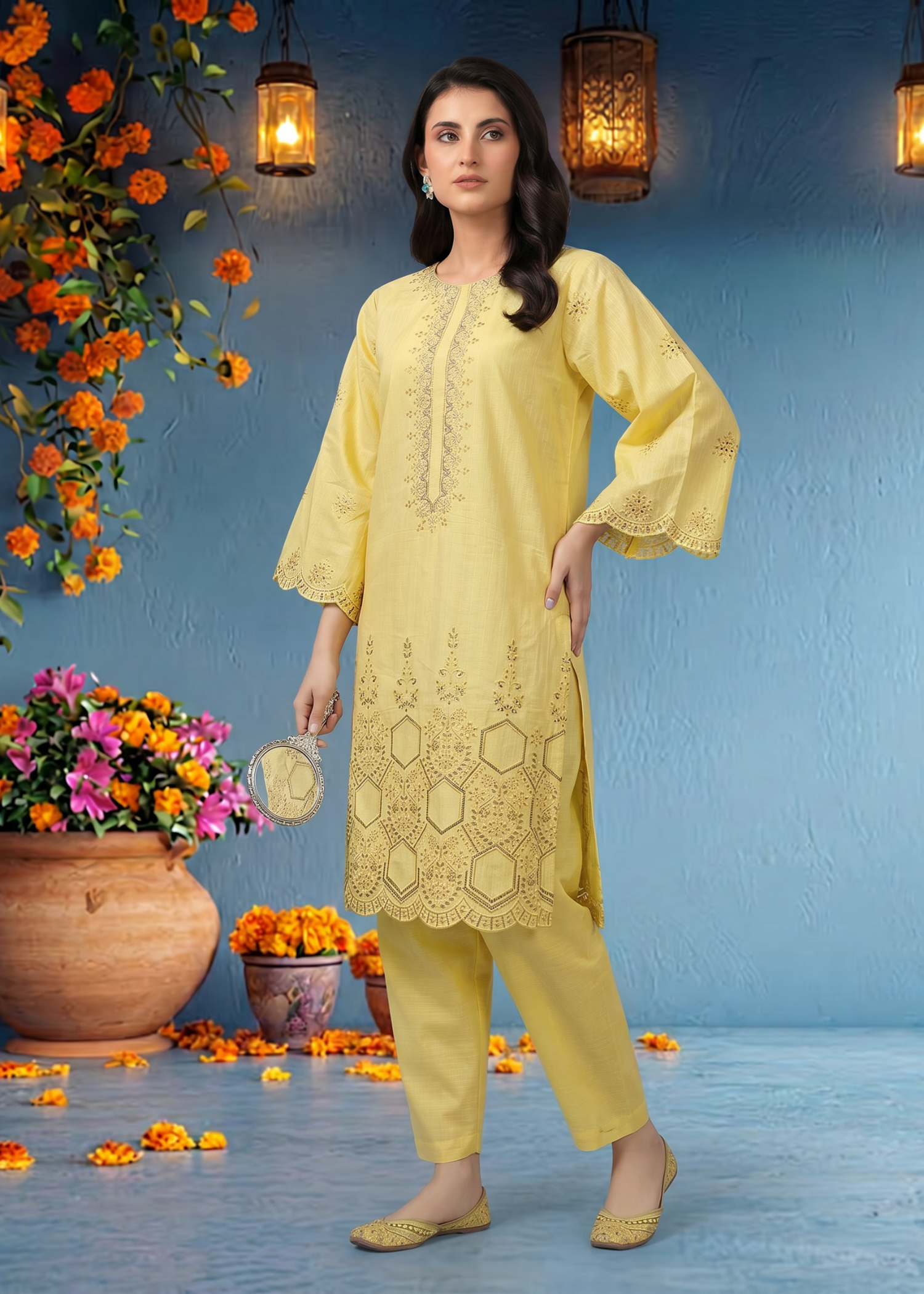 textured lawn Kurti in Lemon chiffon