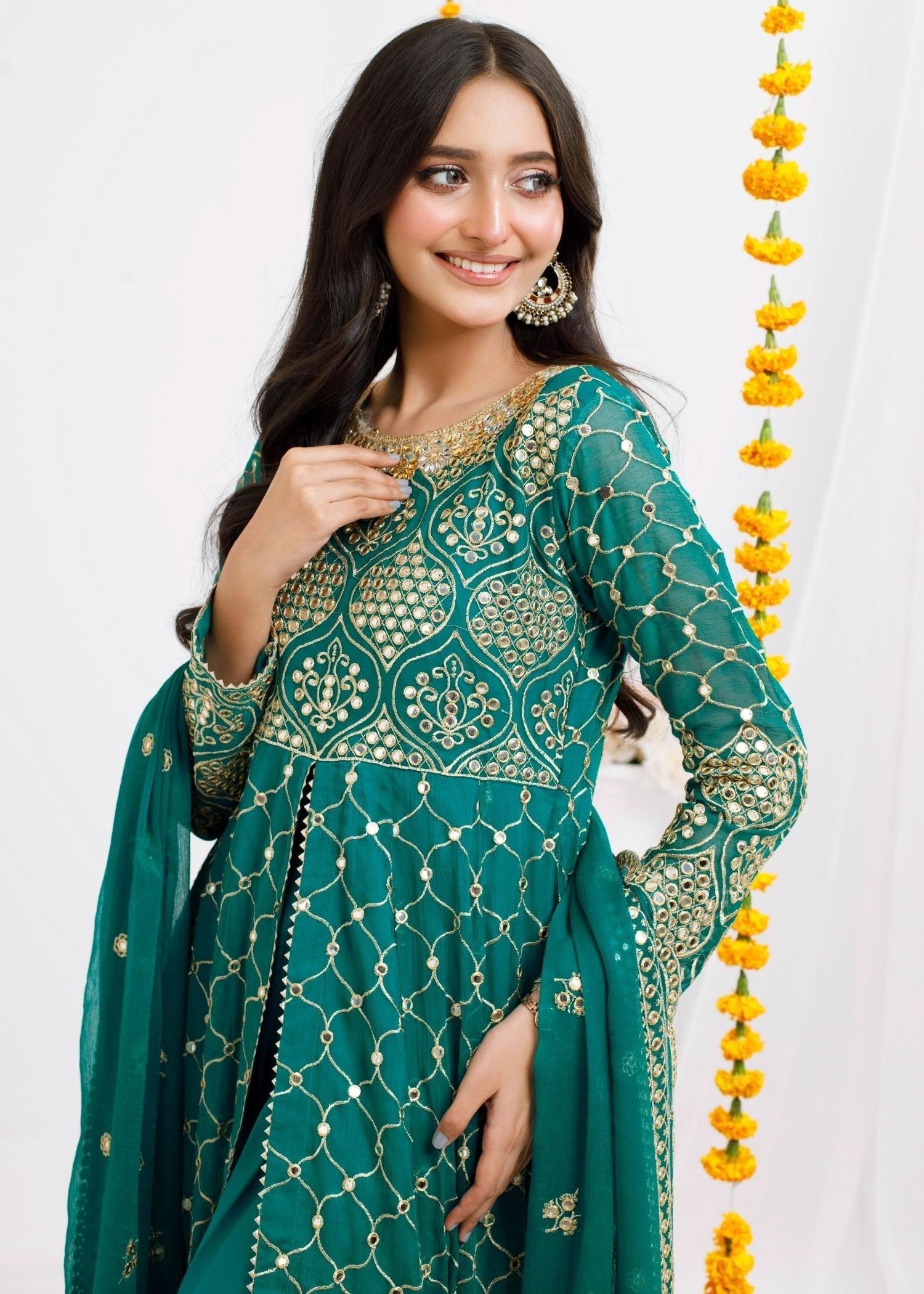 chiffon Pishwas in Emerald green