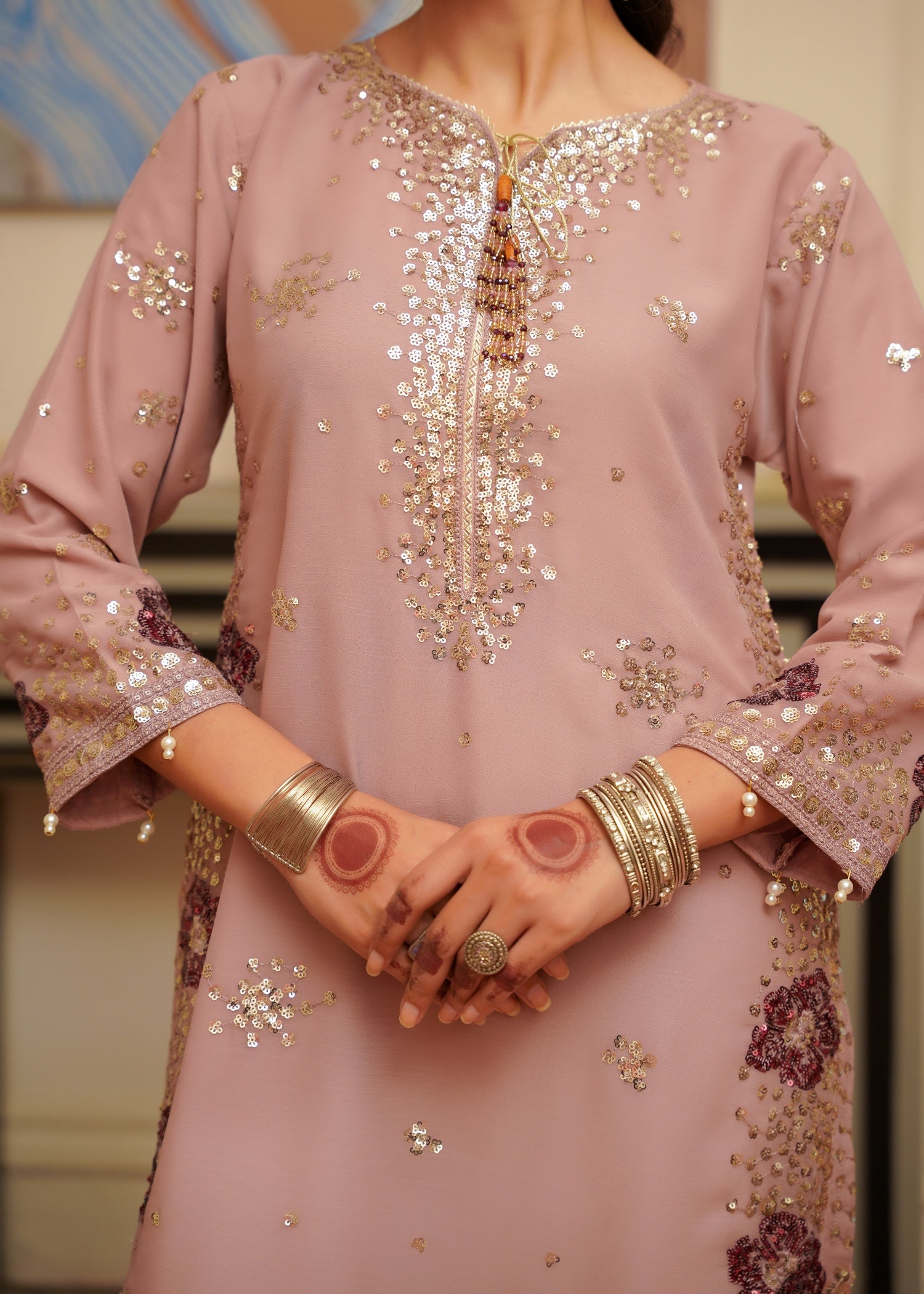 chiffon Kurta Set in Tea rose pink