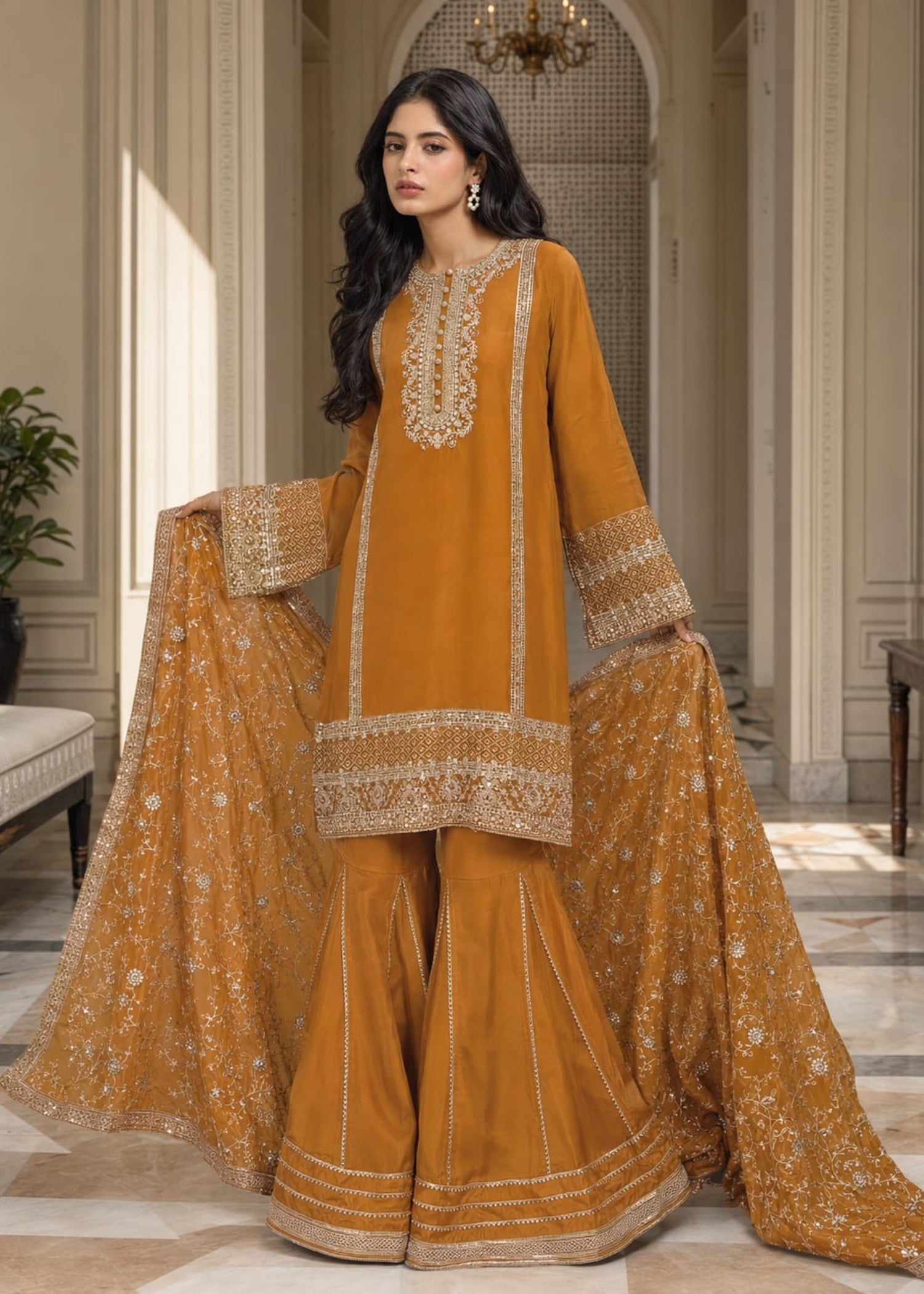chiffon Gharara in Mari gold