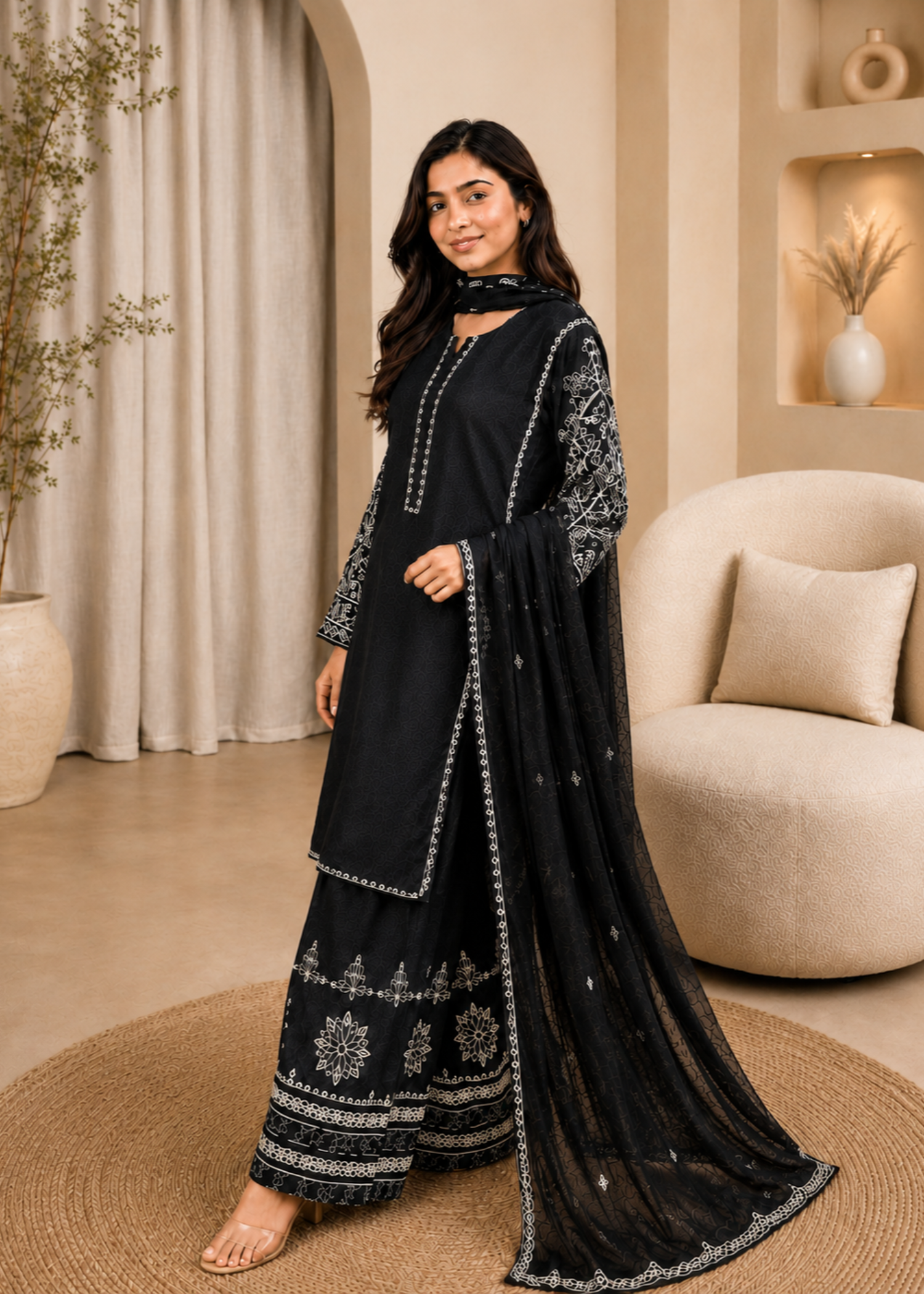 lawn cotton Kurta Set in White, jet black