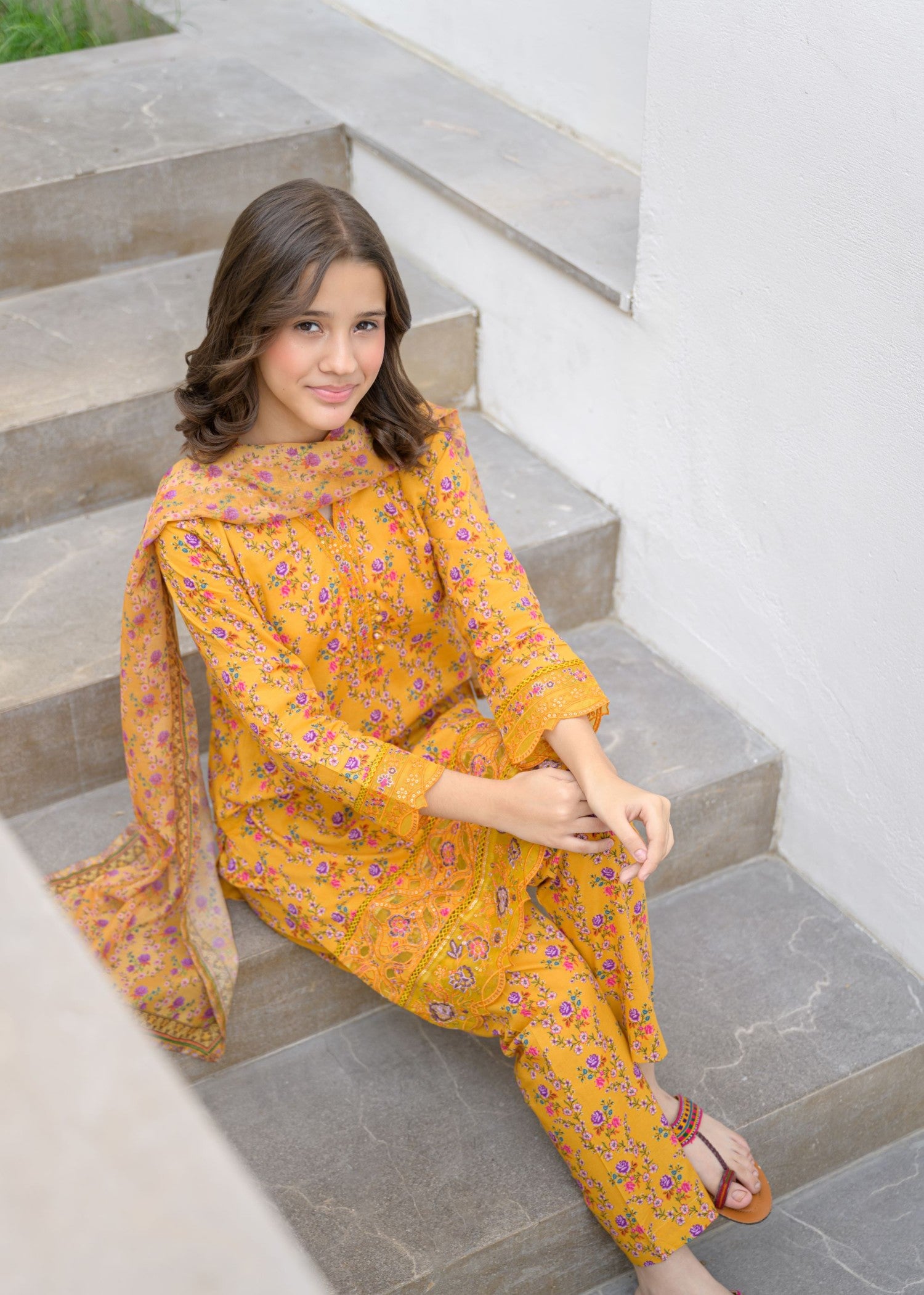 lawn Kurta Set in Yellow