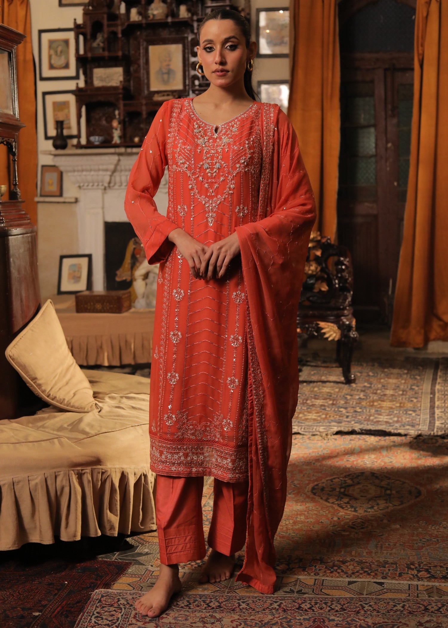 raw silk Kurta Set in Coral orange