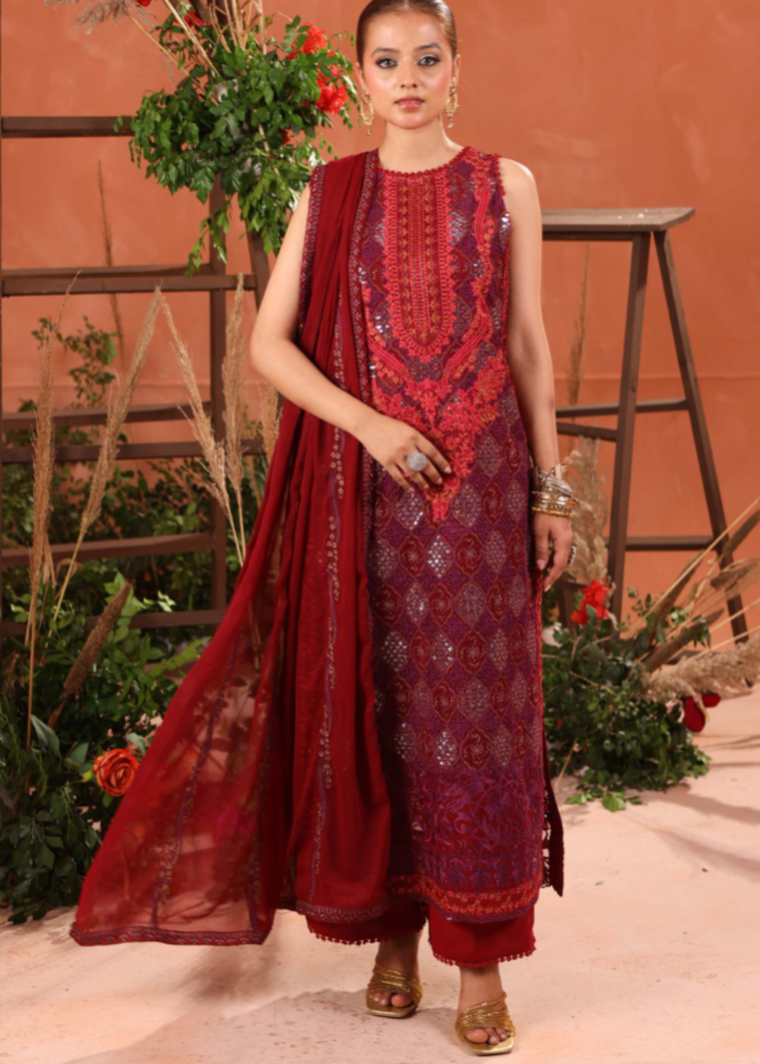 chiffon Kurta Set in Rosewood