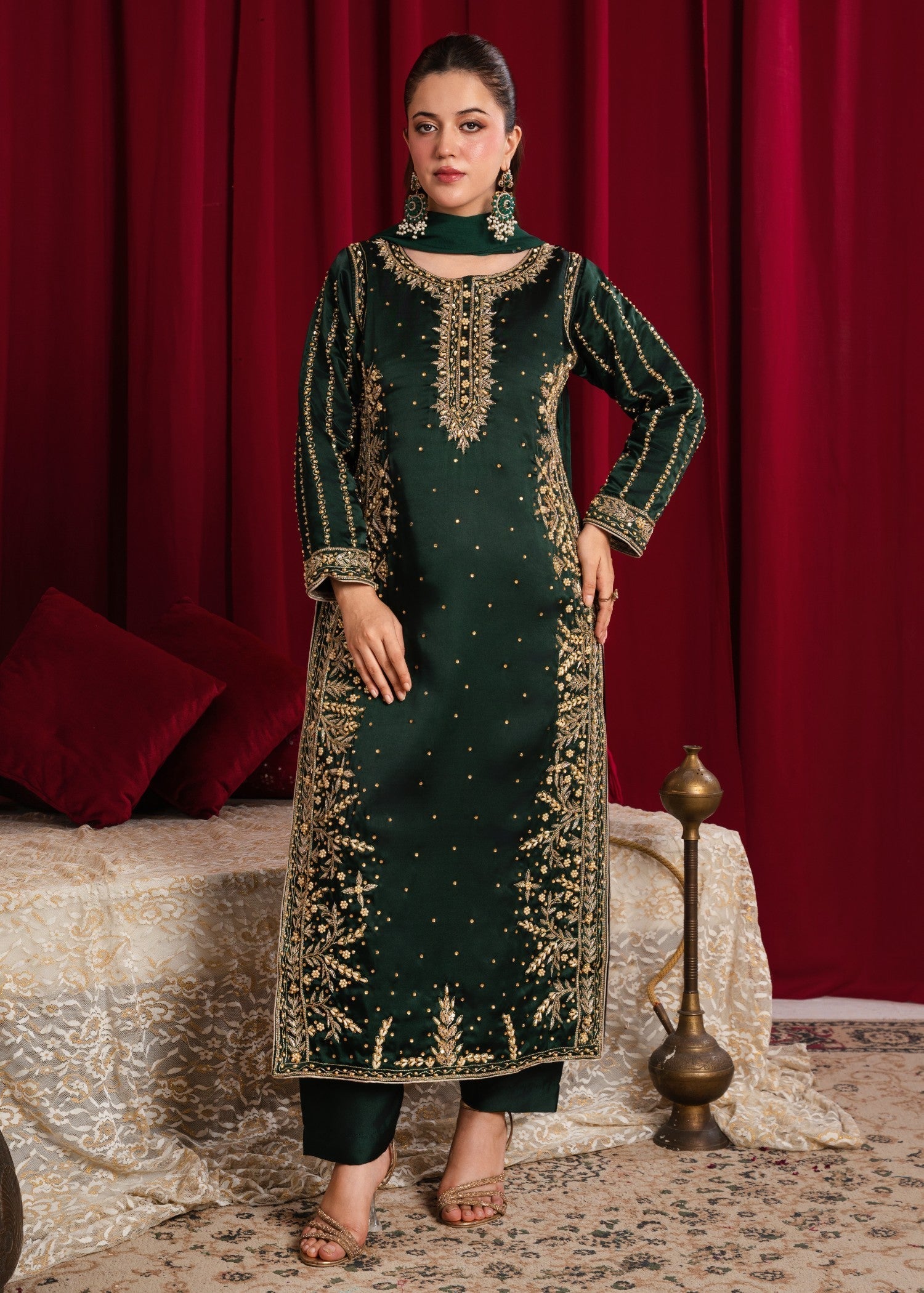 silk charmeuse Kurta Set in Bottle green