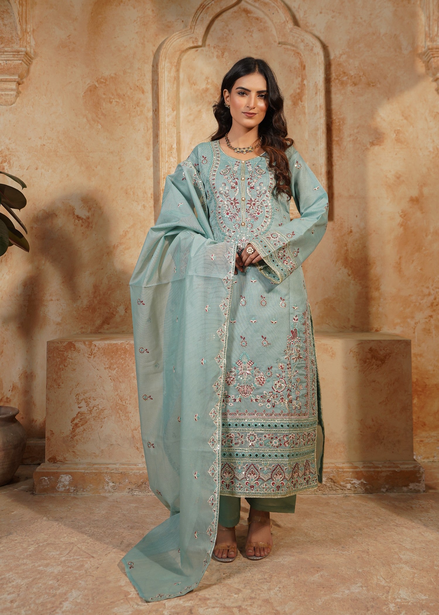 cotton net Kurta Set in Powder blue
