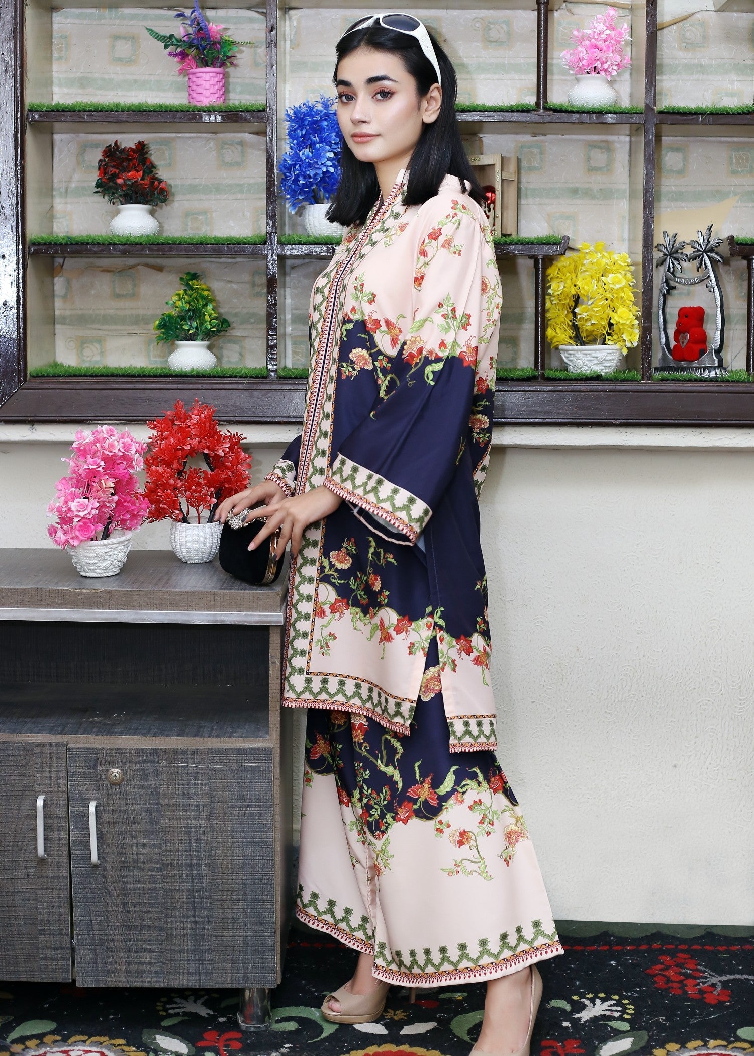 poly lawn Co Ord Sets in Dark blue, light pink