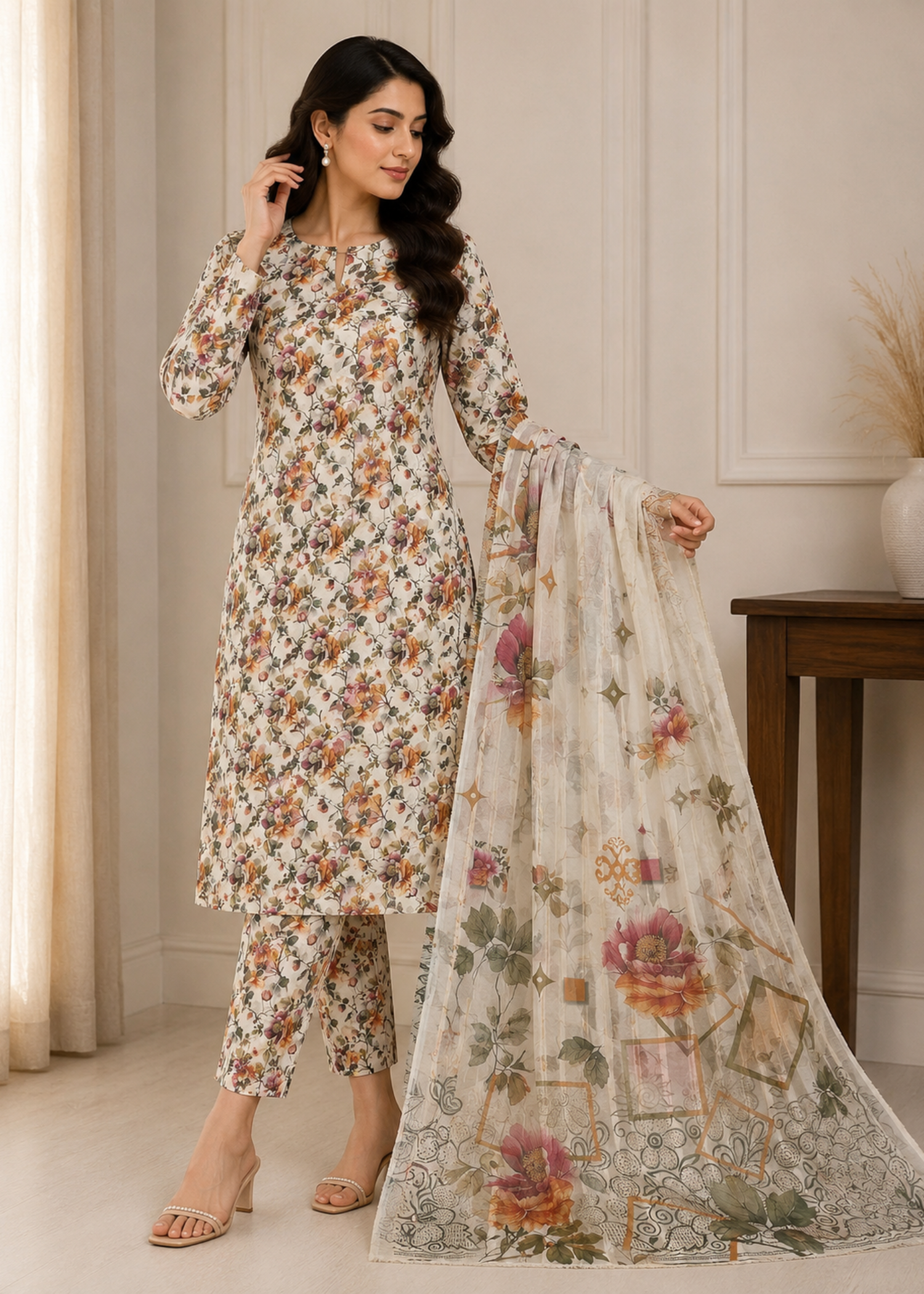swiss lawn Unstitched in Cream
