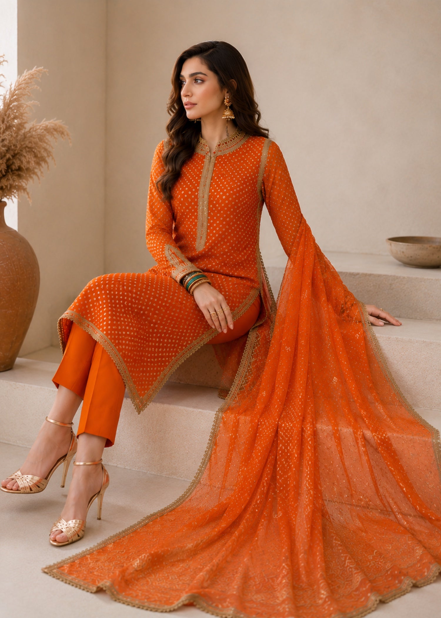 swiss lawn Kurta Set in Rust orange, orange