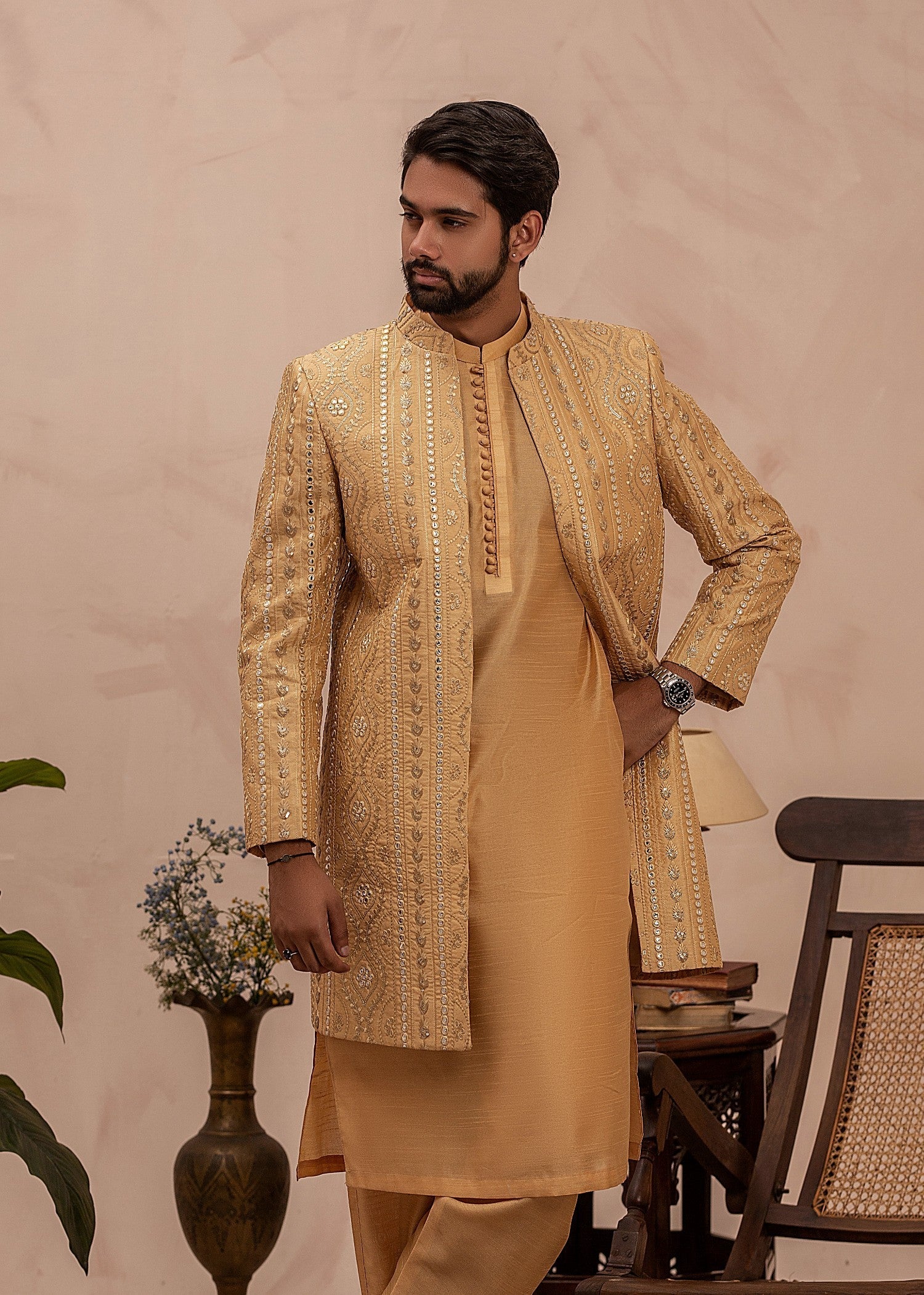 raw silk Sherwani in Gold