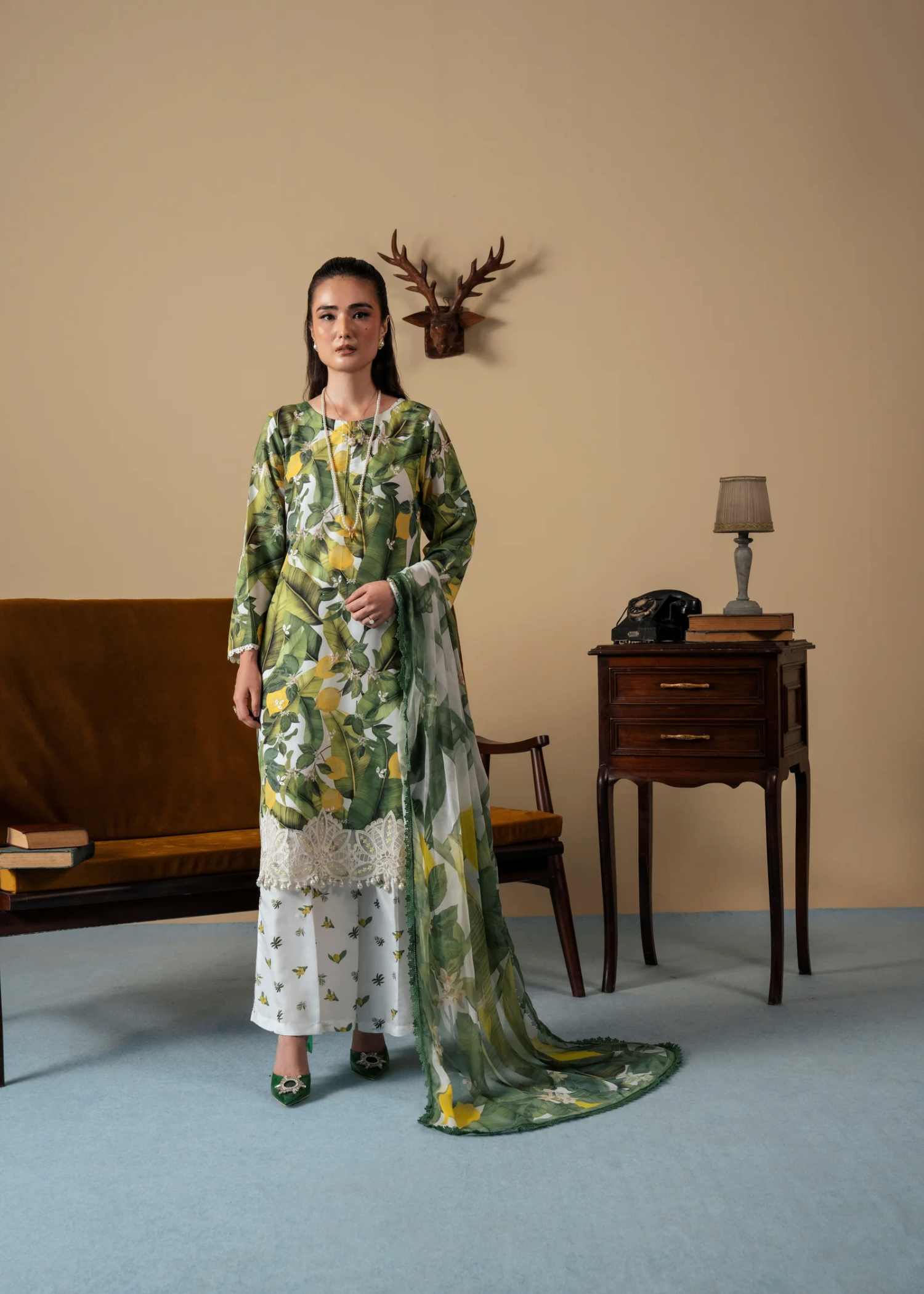 silk Kurta Set in White, green