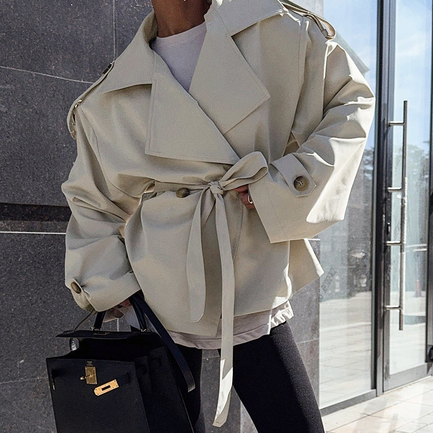 Loose Waistband Long Sleeve Trench Coat Casual Jacket