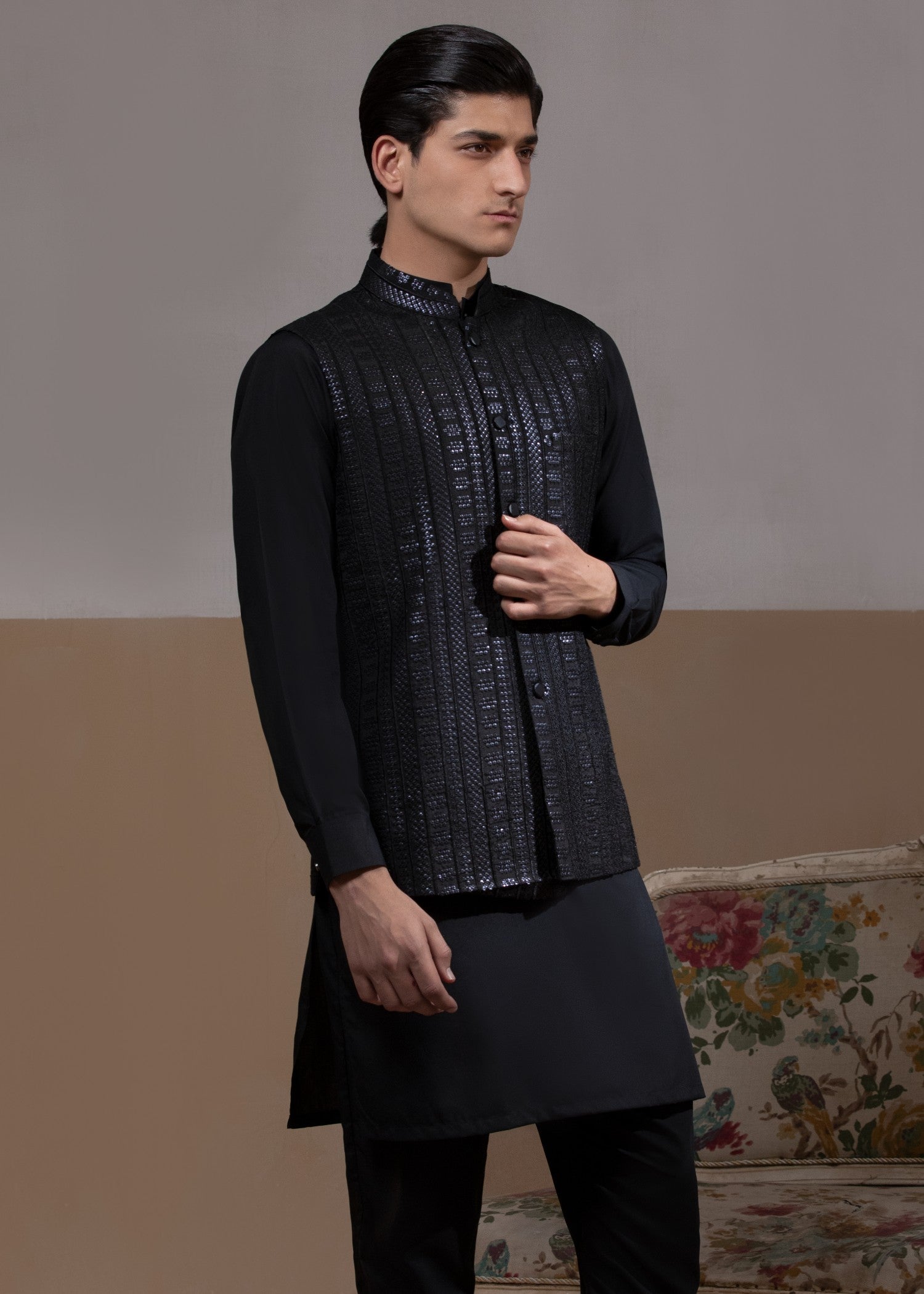 pk raw silk Waistcoat in Black