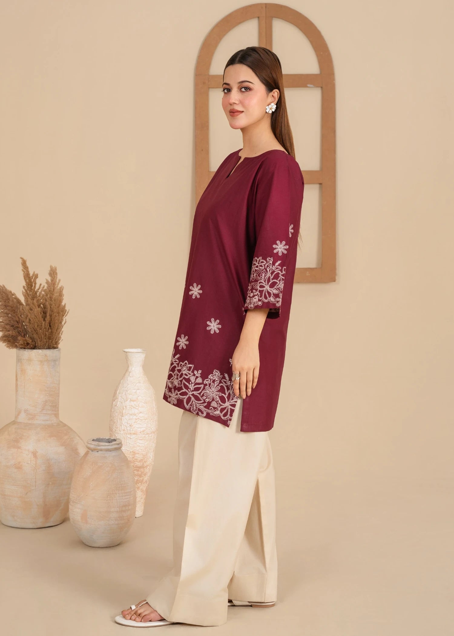 lawn Kurta Set in Beige, burgundy