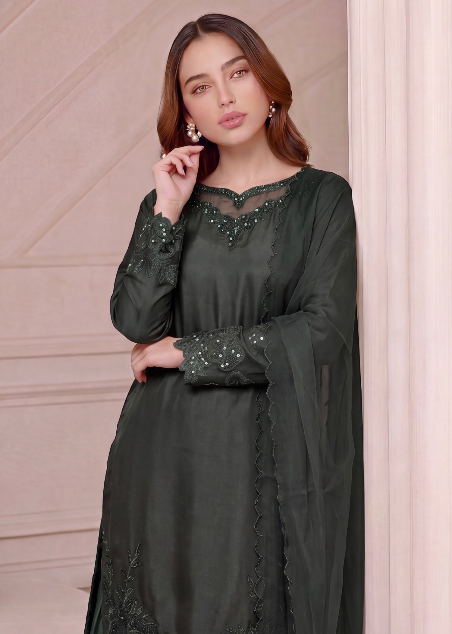 silk Gharara in Dark green