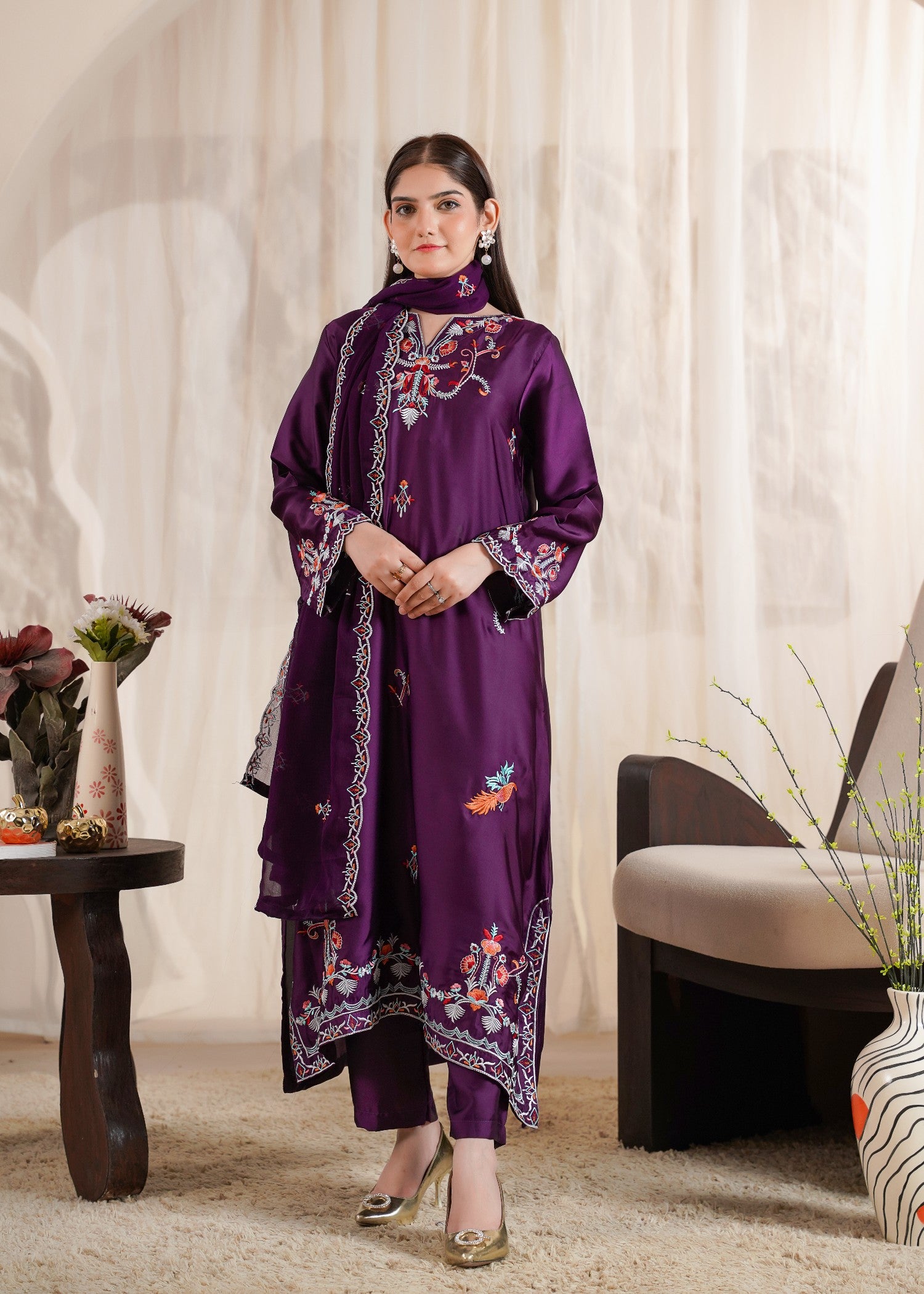 silk Kurta Set in Plum purple