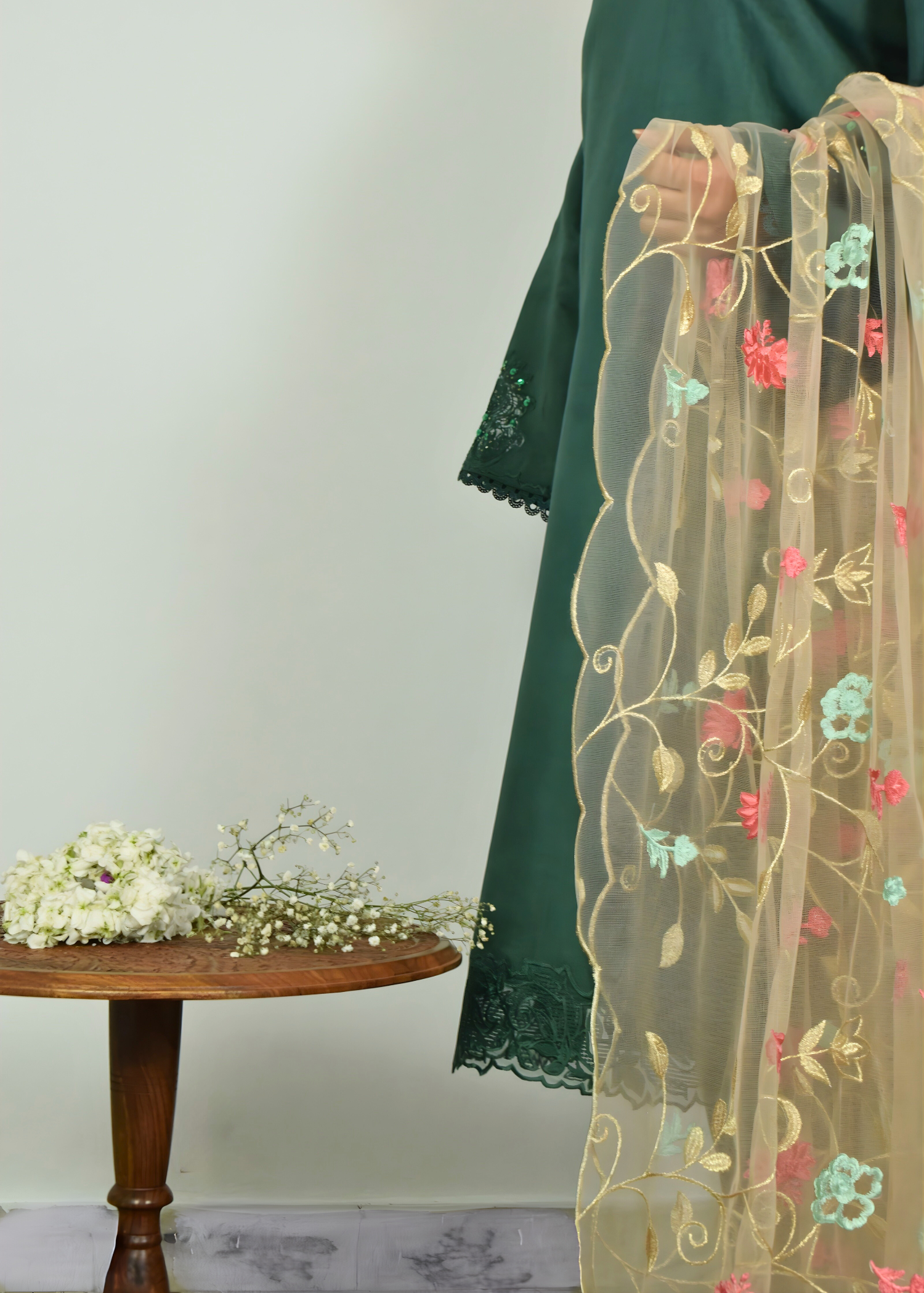 silk Kurta Set in Emerald green
