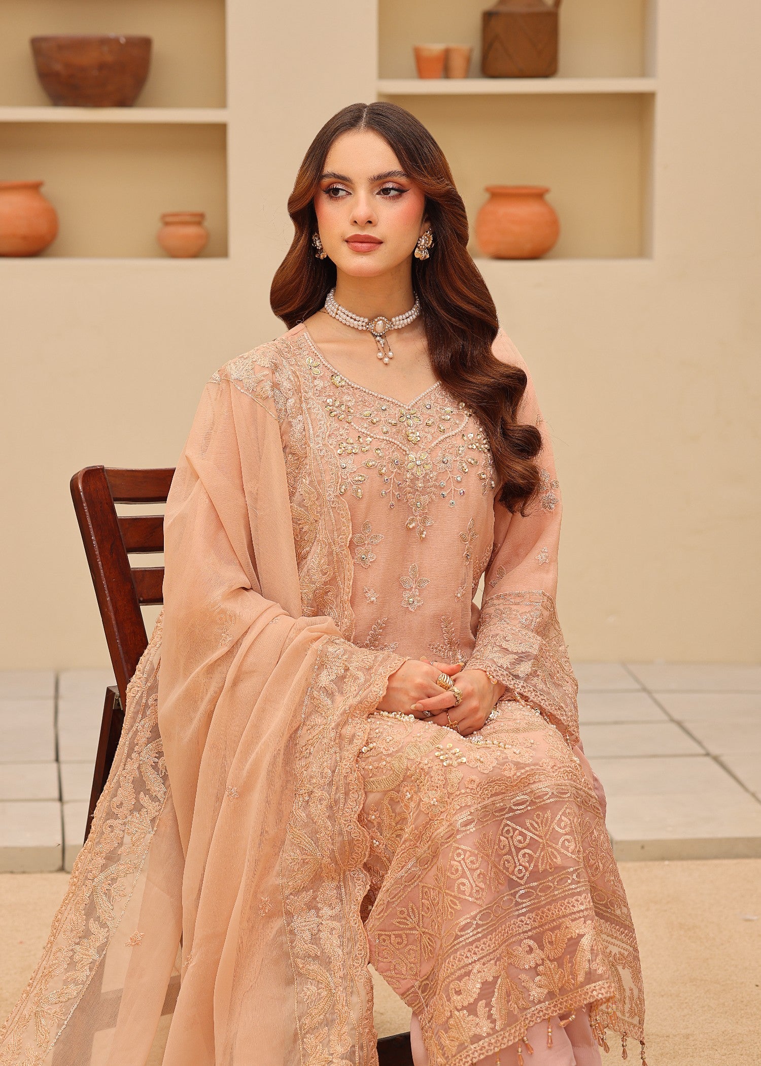 chiffon Kurta Set in Peach orange