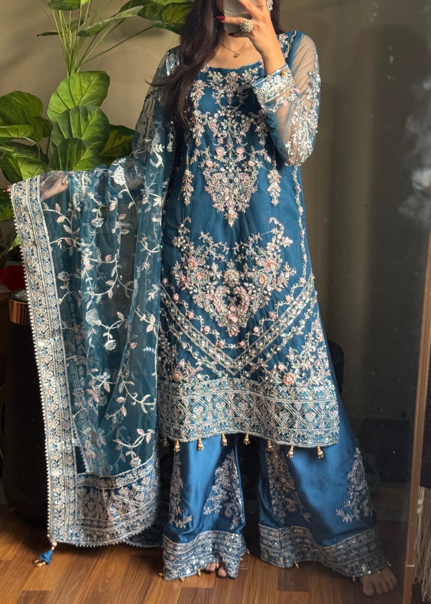 net Kurta Set in Teal