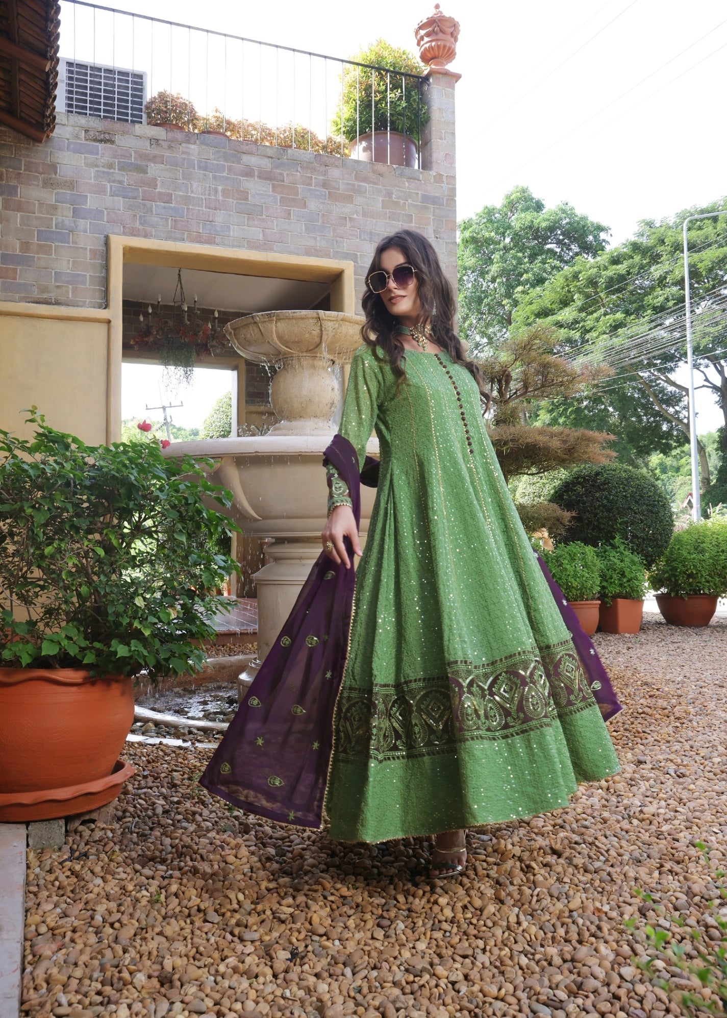 chiffon Pishwas in Pistachio green