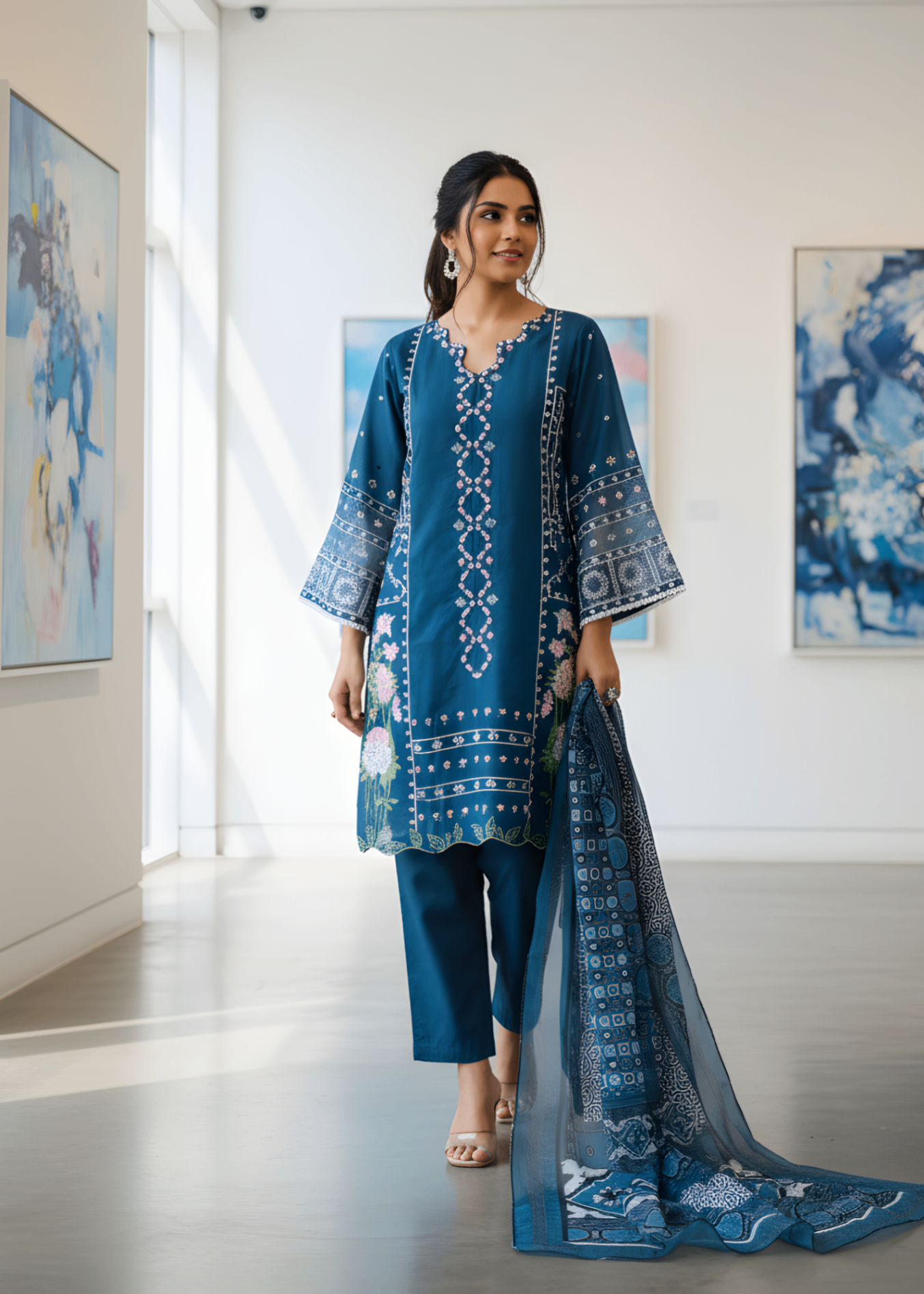crepe Kurta Set in Royal blue