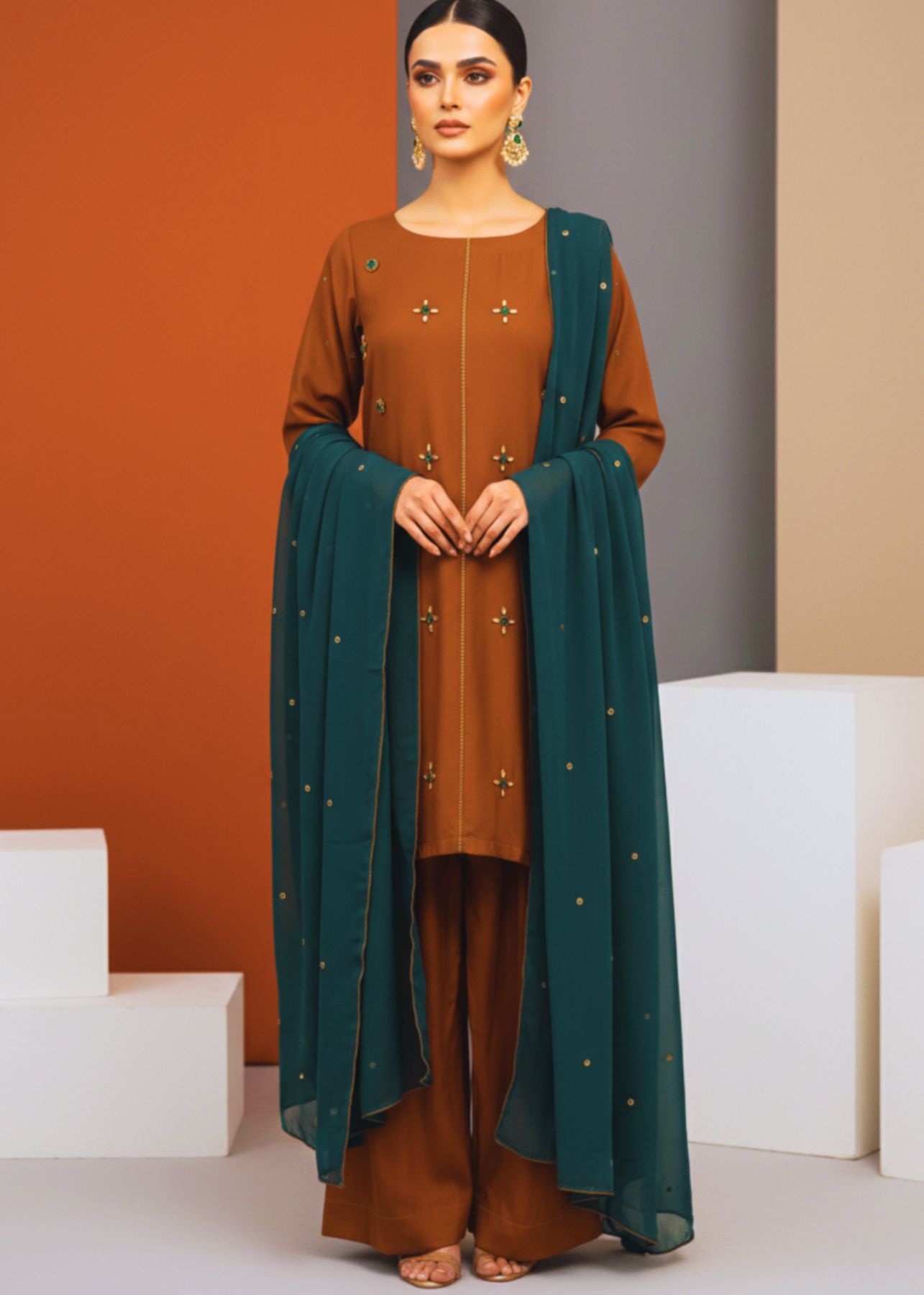 silk Kurta Set in Saffron, green