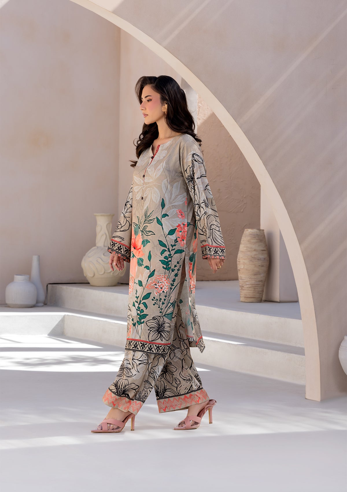 lawn Kurta Set in Tan brown