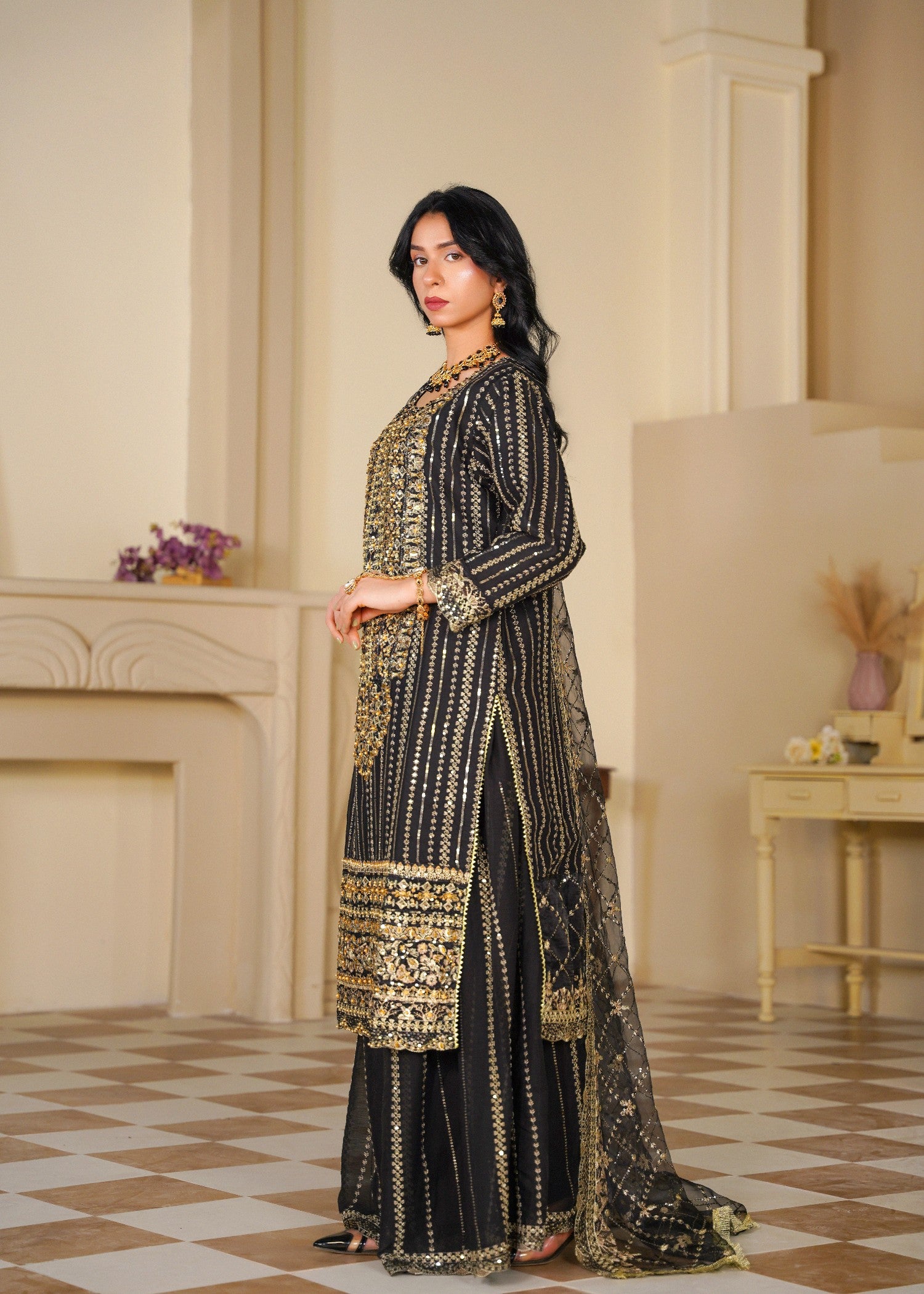 chiffon Sharara in Gold, black