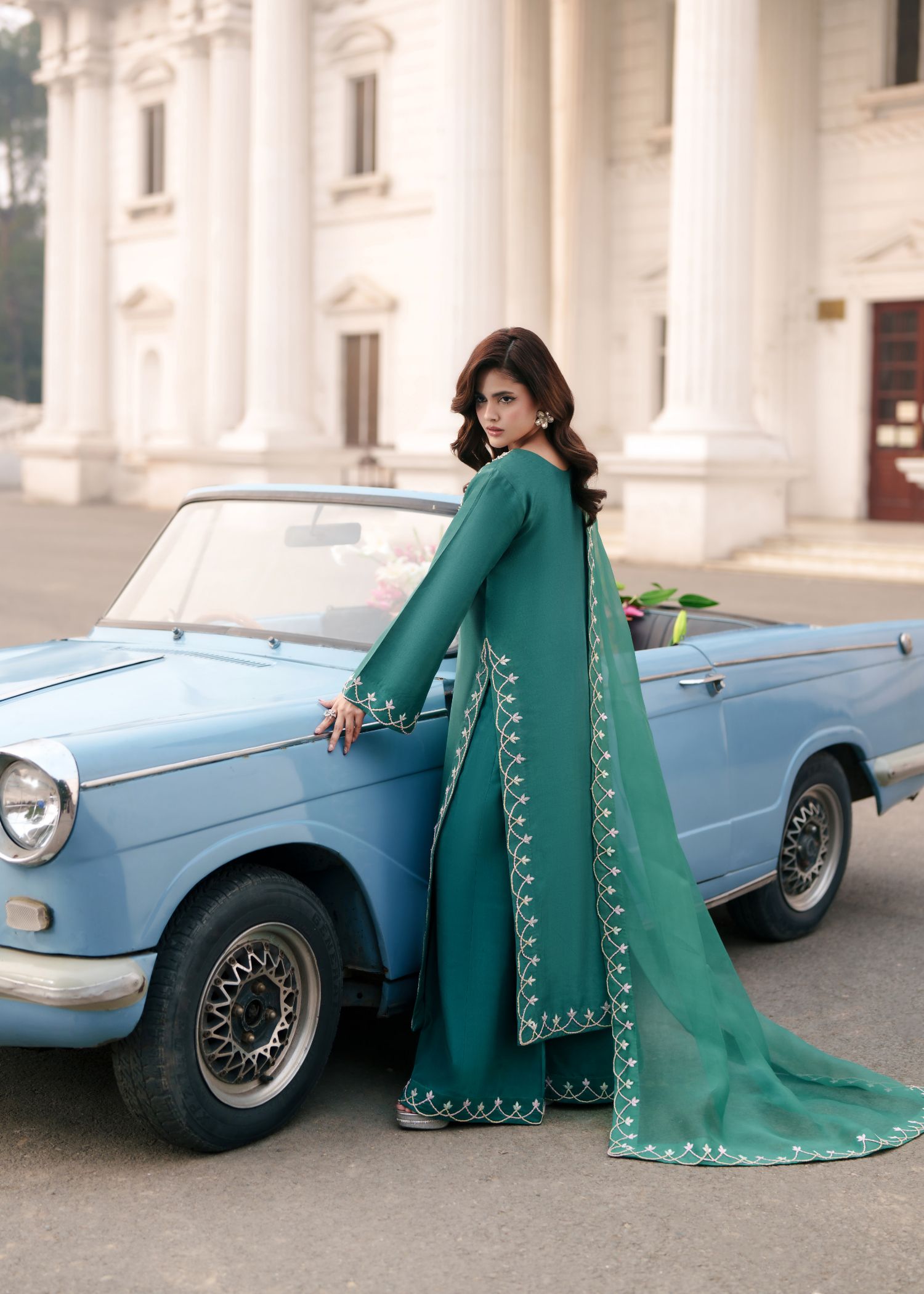 tissue silk Kurta Set in Pine green