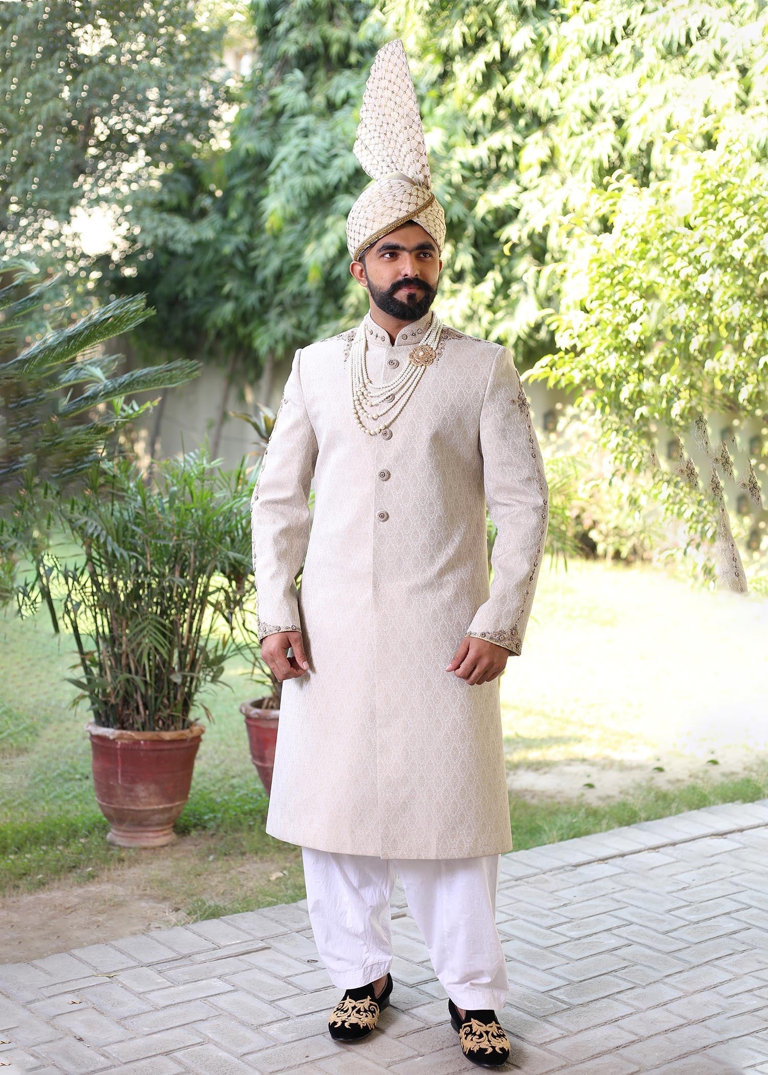 jamawar Sherwani in Cream