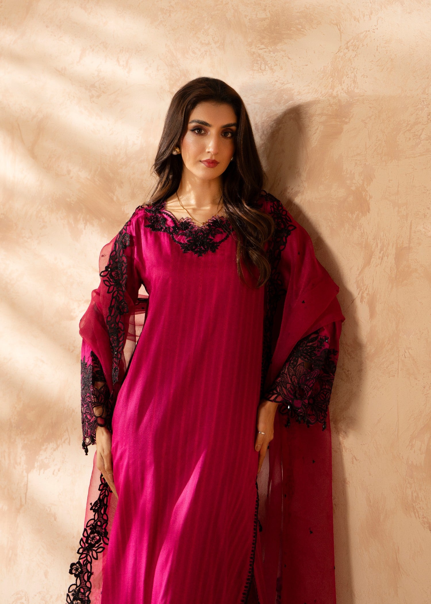 blended linen Kurta Set in Deep pink