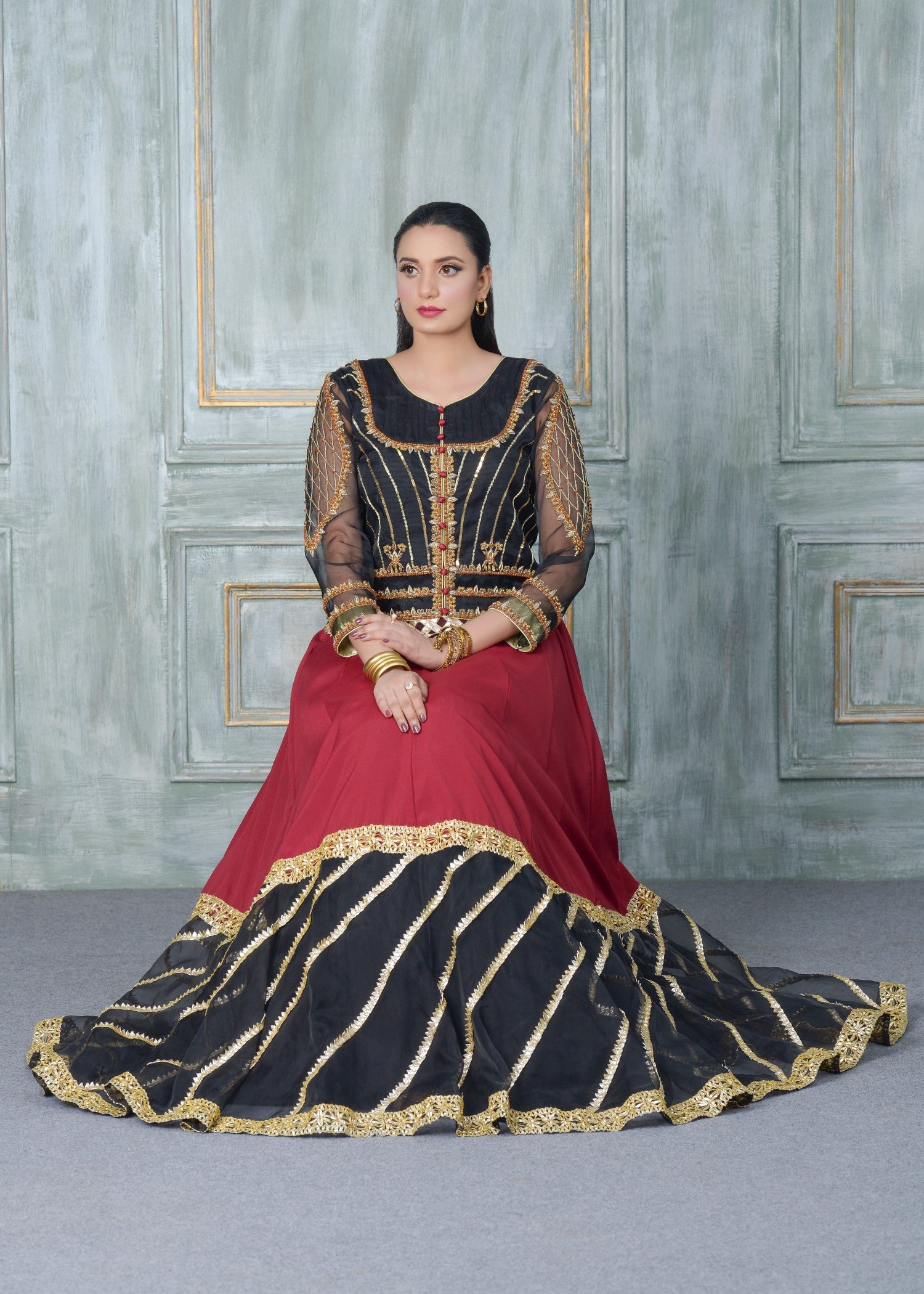 organza Lehenga in Black, maroon
