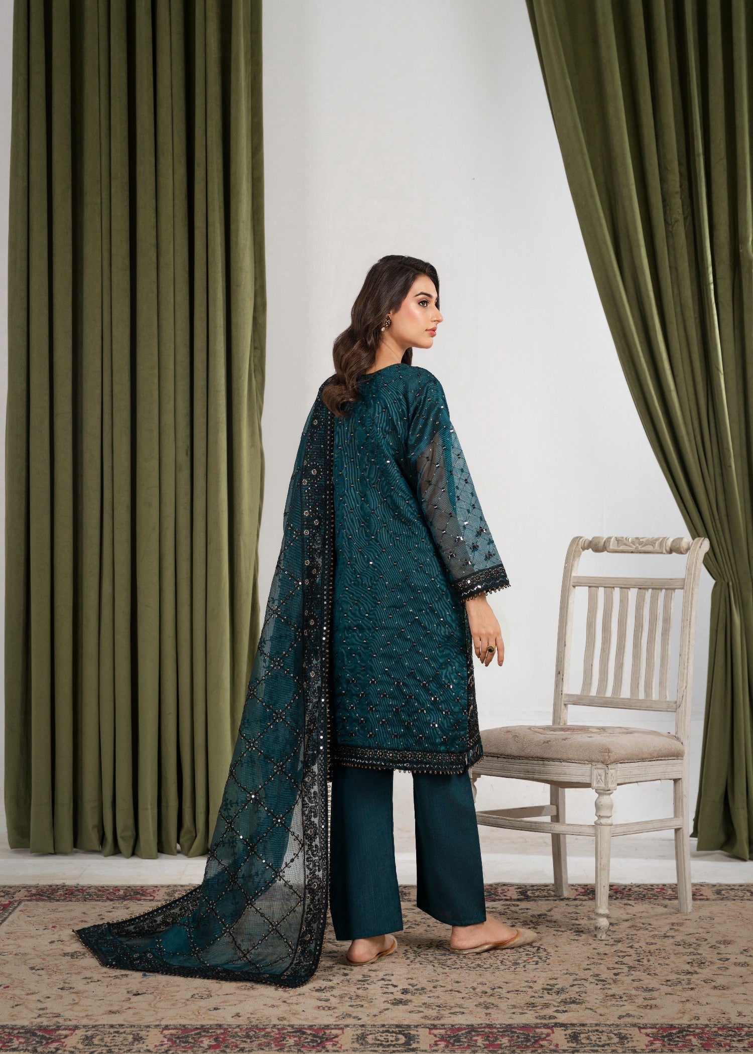 khaddi net Kurta Set in Bottle green