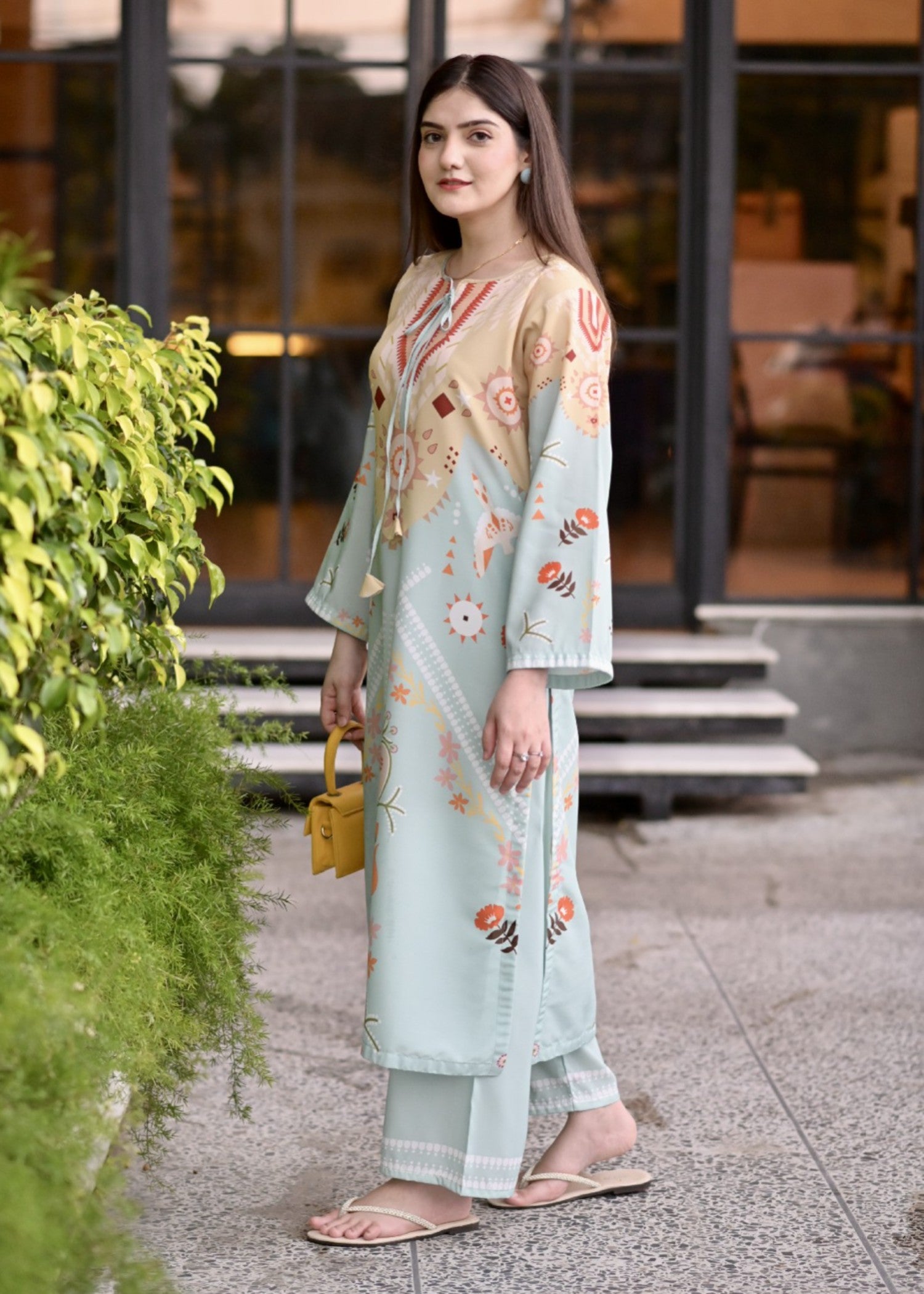 blended khaddar Kurta Set in Light blue, light yellow