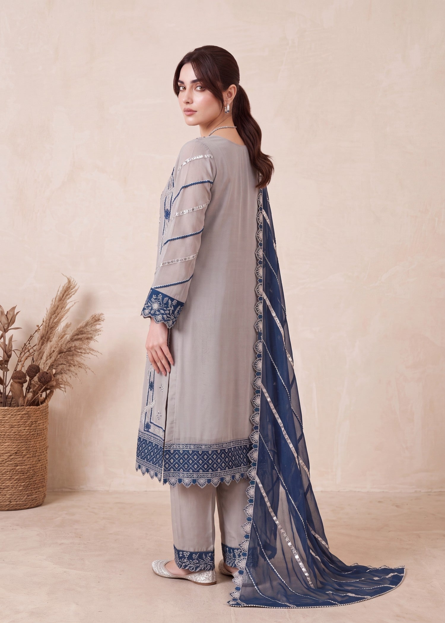 pk crinkle chiffon Kurta Set in Aegean blue, pastel grey