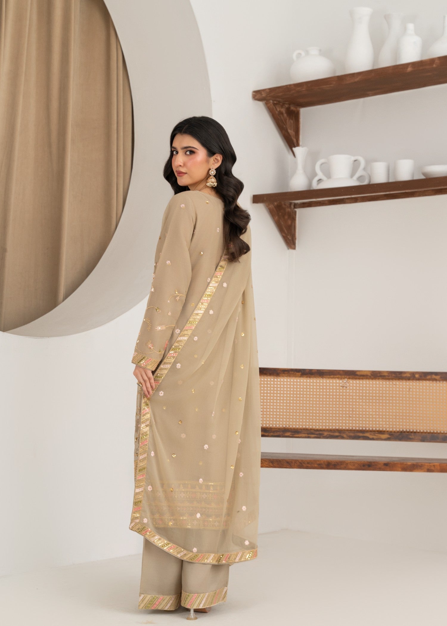 crinkle chiffon Kurta Set in Beige