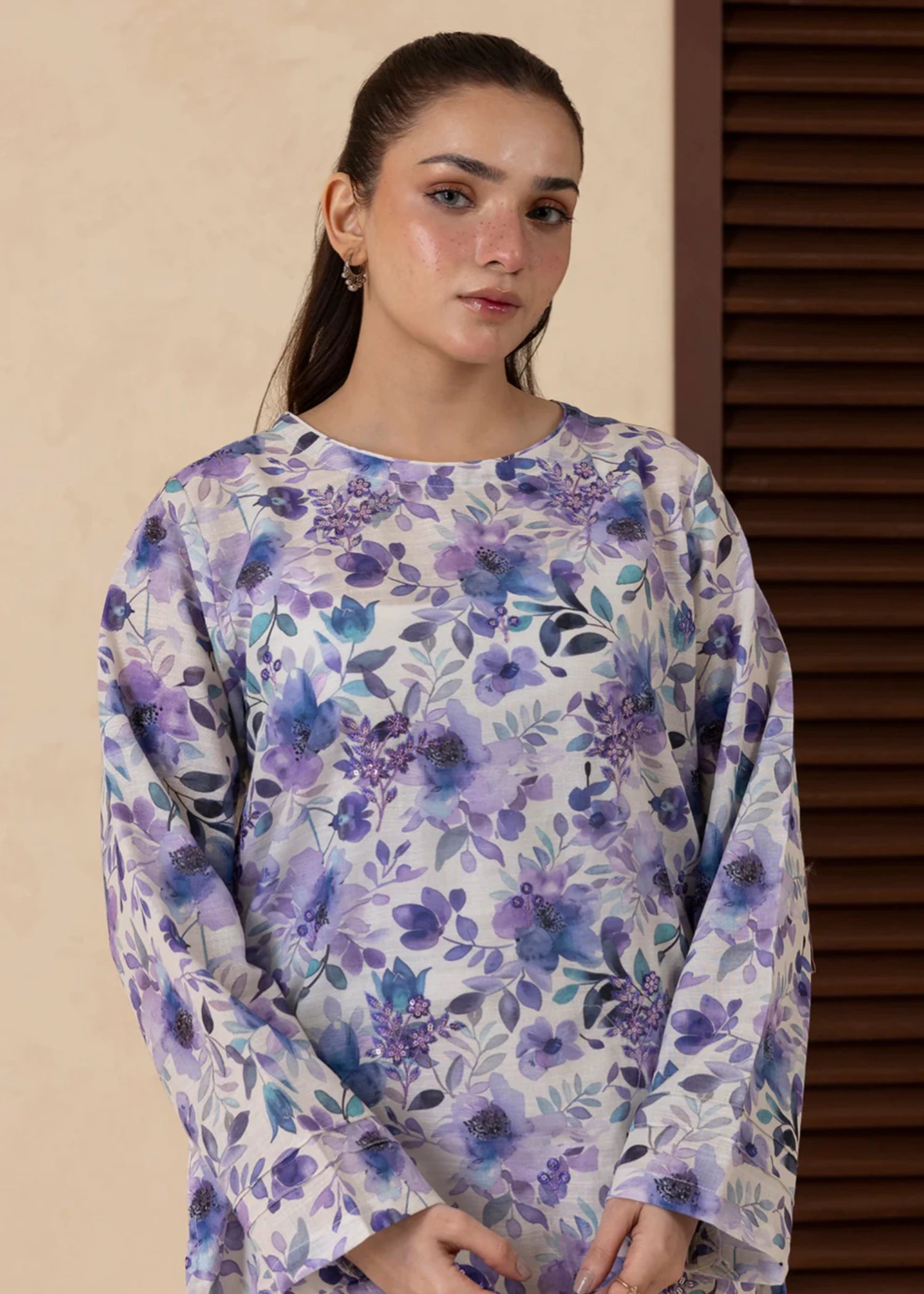 khaddar Kurti in Off-white, purple